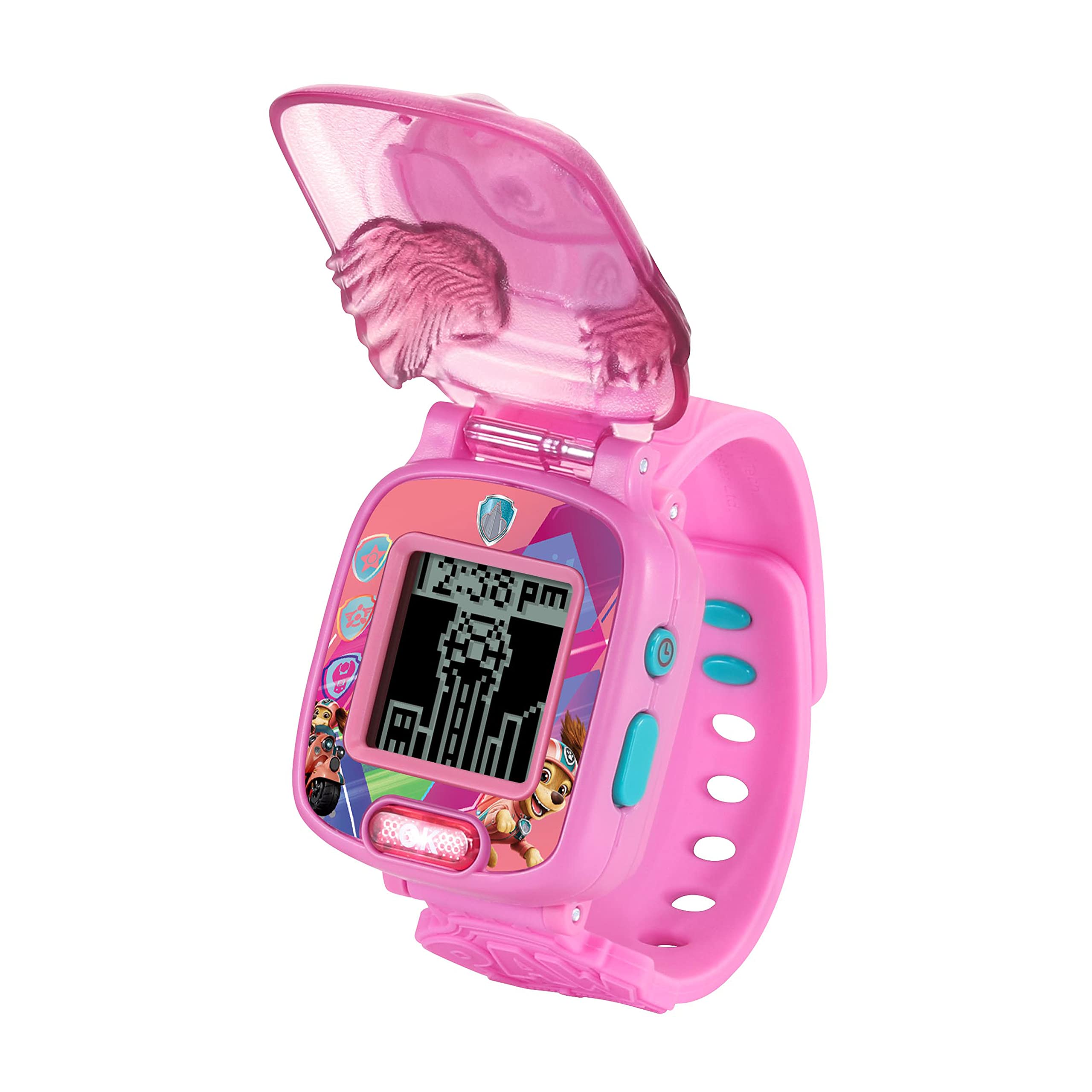 VTech - Psi Patrol Le Film, interaktywny zegarek do gier Liberty, zegarek dla dzieci z klapką, animowany ekran, miękki pasek, 10 tarczy, 4 gry, prezent dla dzieci w wieku od 3 lat do 7 lat - Zawartość
