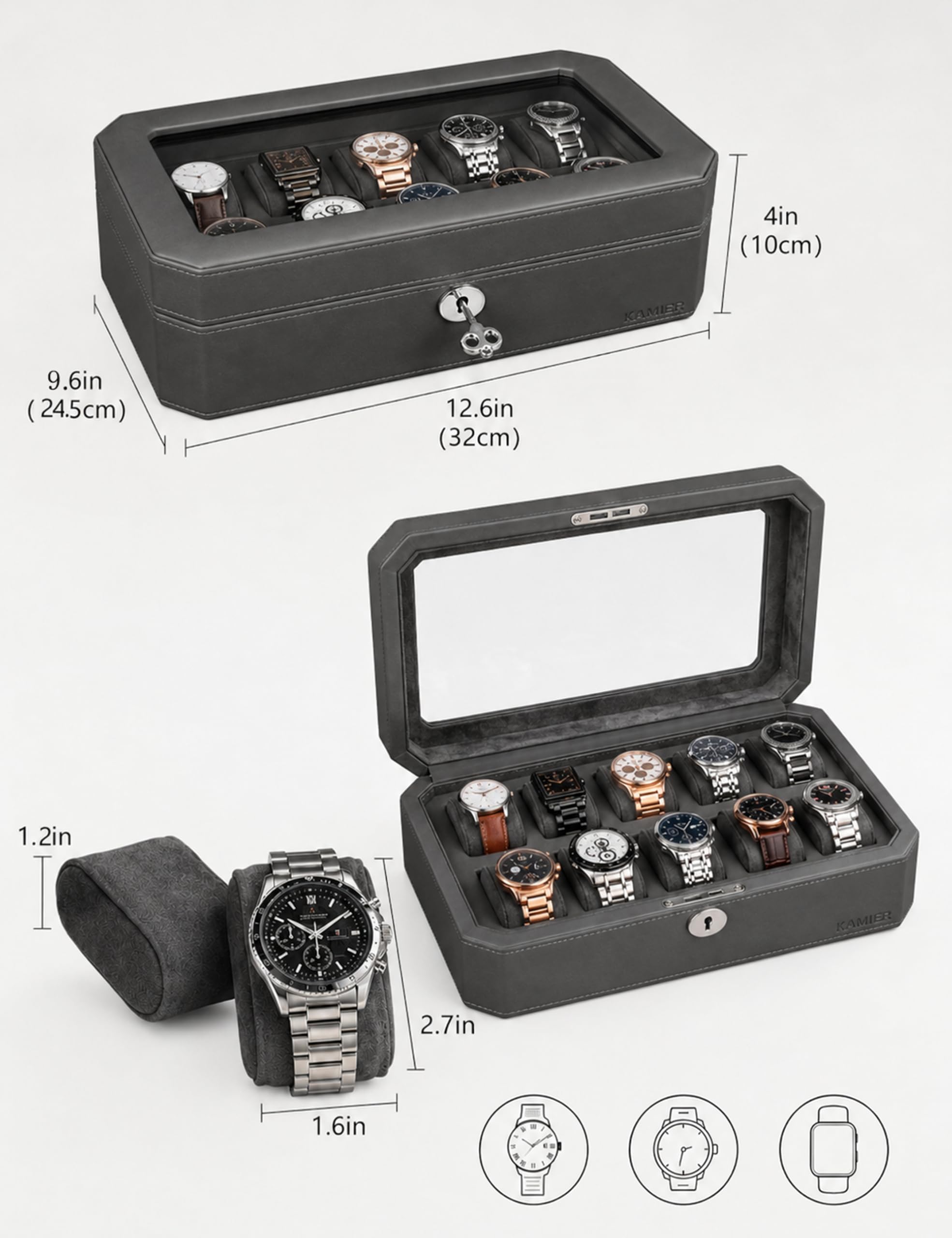 KAMIER Étuis de montre pour homme (10, gris)