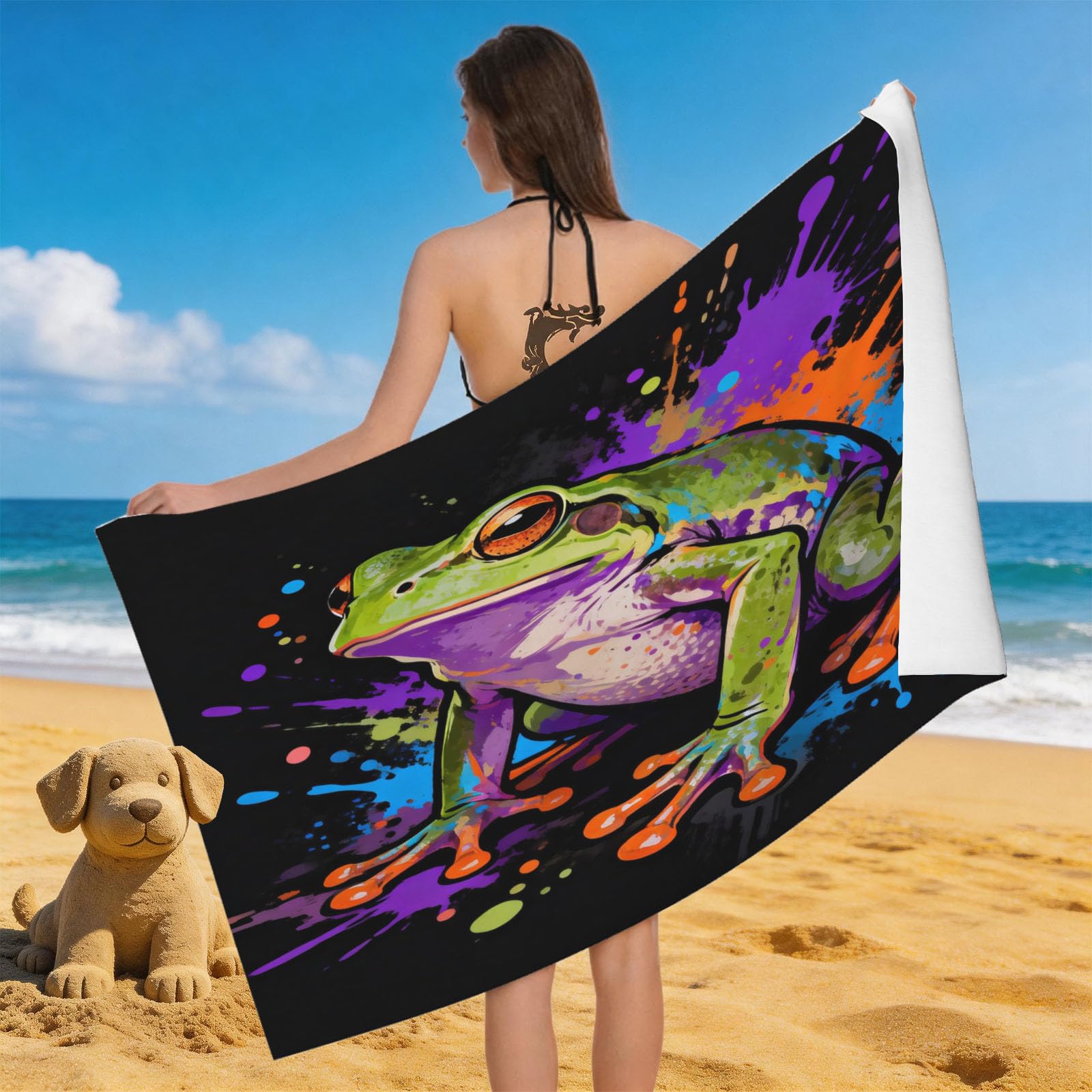 Leichong 3D Frog Beach Towel Microfiber Soft Quick Dry for Adults, Abstract Art Bath Towel Lightweight Soft Absorbent for Travel Swimming Pool Sports, 75 x 150 cm