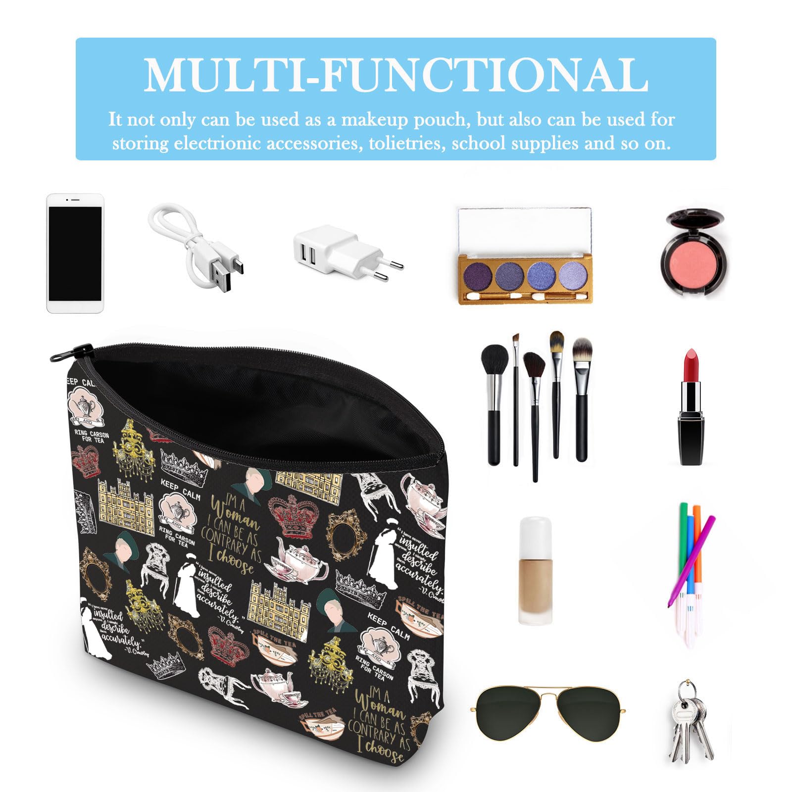 TV Show Inspired Gift V. Crawley Quote Inspired Gift TV Show Merchandise Zipper Pouch Makeup Bag for Fans Women Girls (Downton TV Pattern BLK EU) - Image 3