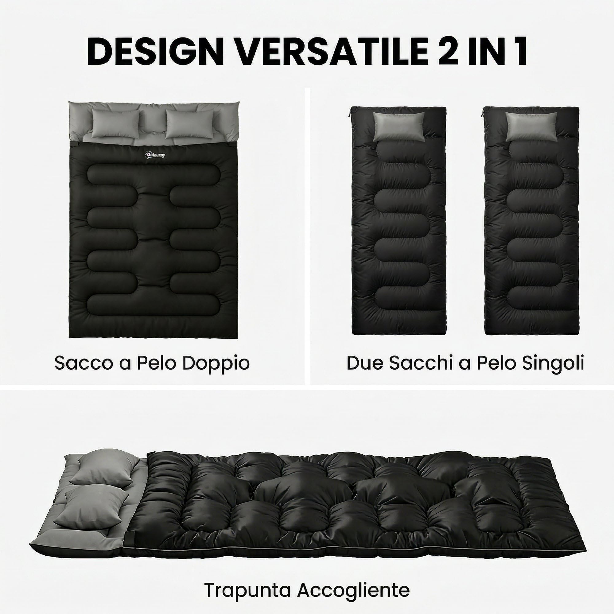 Outsunny Sacco a Pelo Doppio per Adulti, Sacco a Pelo Matrimoniale per 2 Persone, Leggero con 2 Cuscini e Borsa di Stoccaggio, per Climi Freddi e Caldi, Camping, Escursionismo, Zaino, Nero
