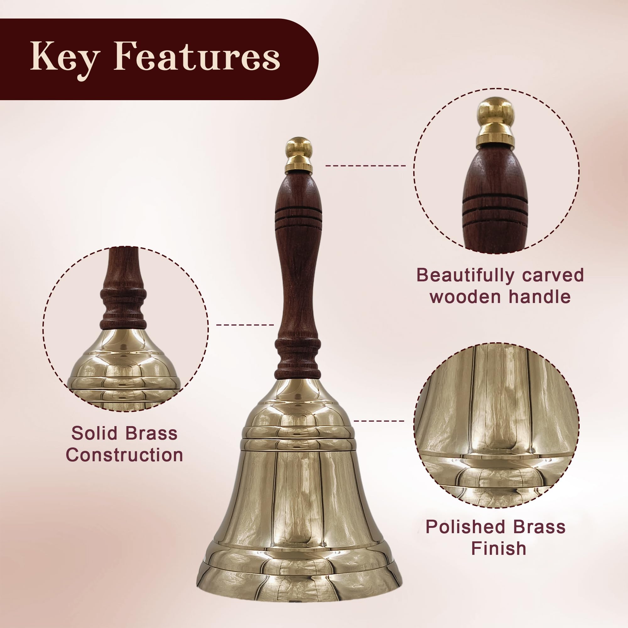 Campana de latón macizo con mango de madera de calidad de 8.5 pulgadas de alto, 4 pulgadas de profundidad, perfecta para cenas, interiores, exteriores, escuela, bar, recepción, último pedido e iglesia