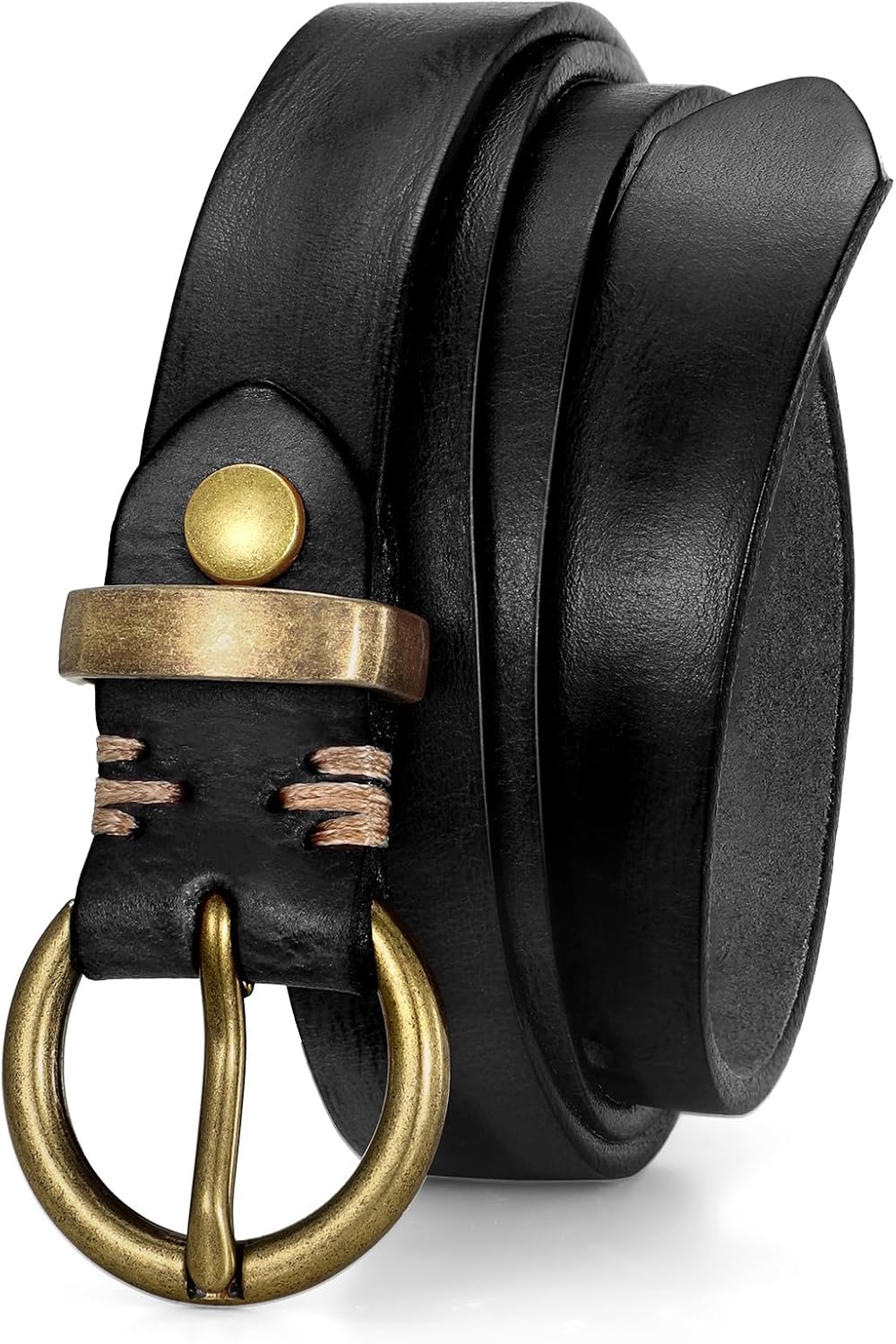 Womens Genuine Leather Belts for Jeans Pants Trendy Vintage Thin Leather Belt Gold Buckle Ladies Skinny Waist Belt