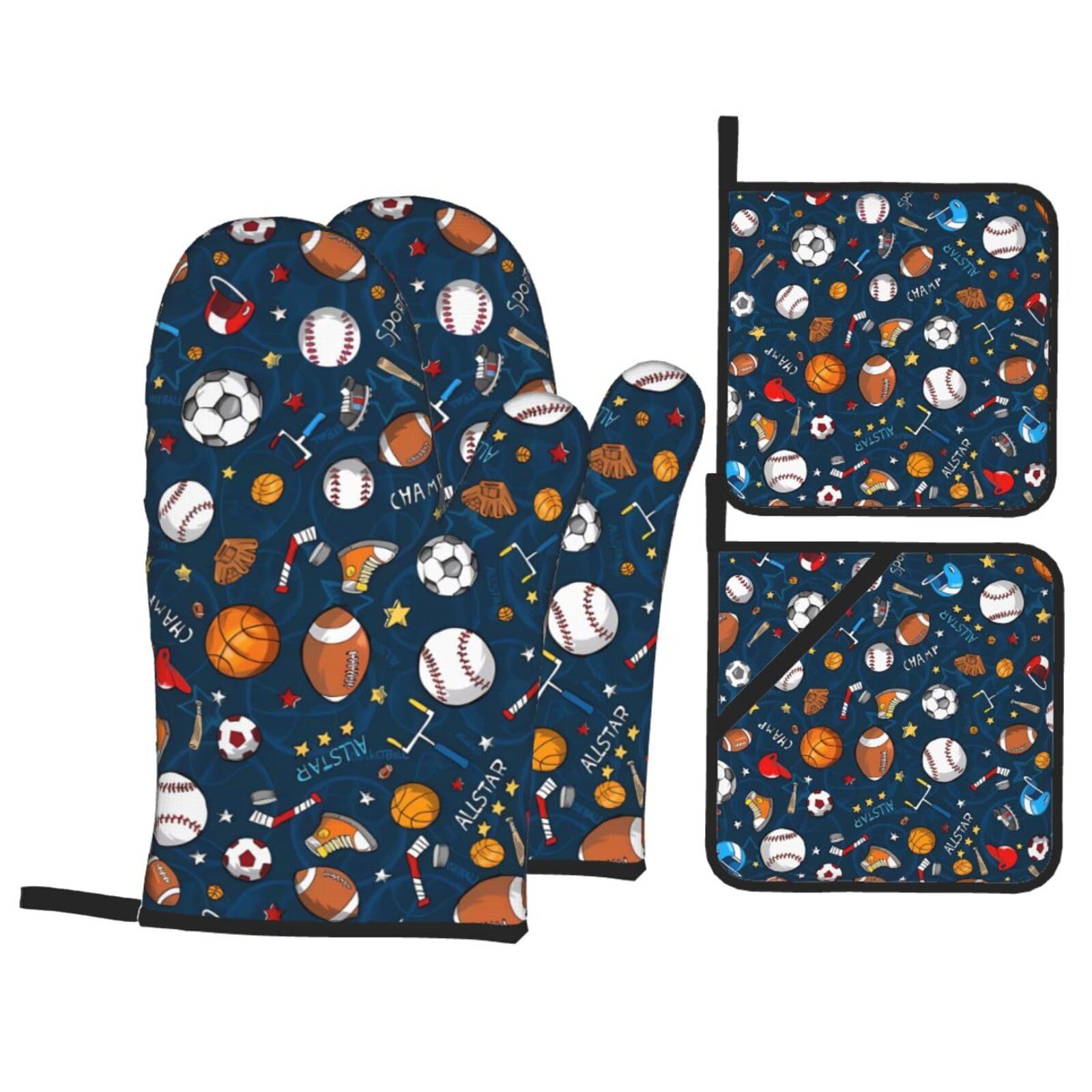 HJFCZH Baseball Basketball Football Hockey Prints Kitchen Throw Set: Durable Oven Layers with Waterproof Polyester – 4 Piece Heat Protection System