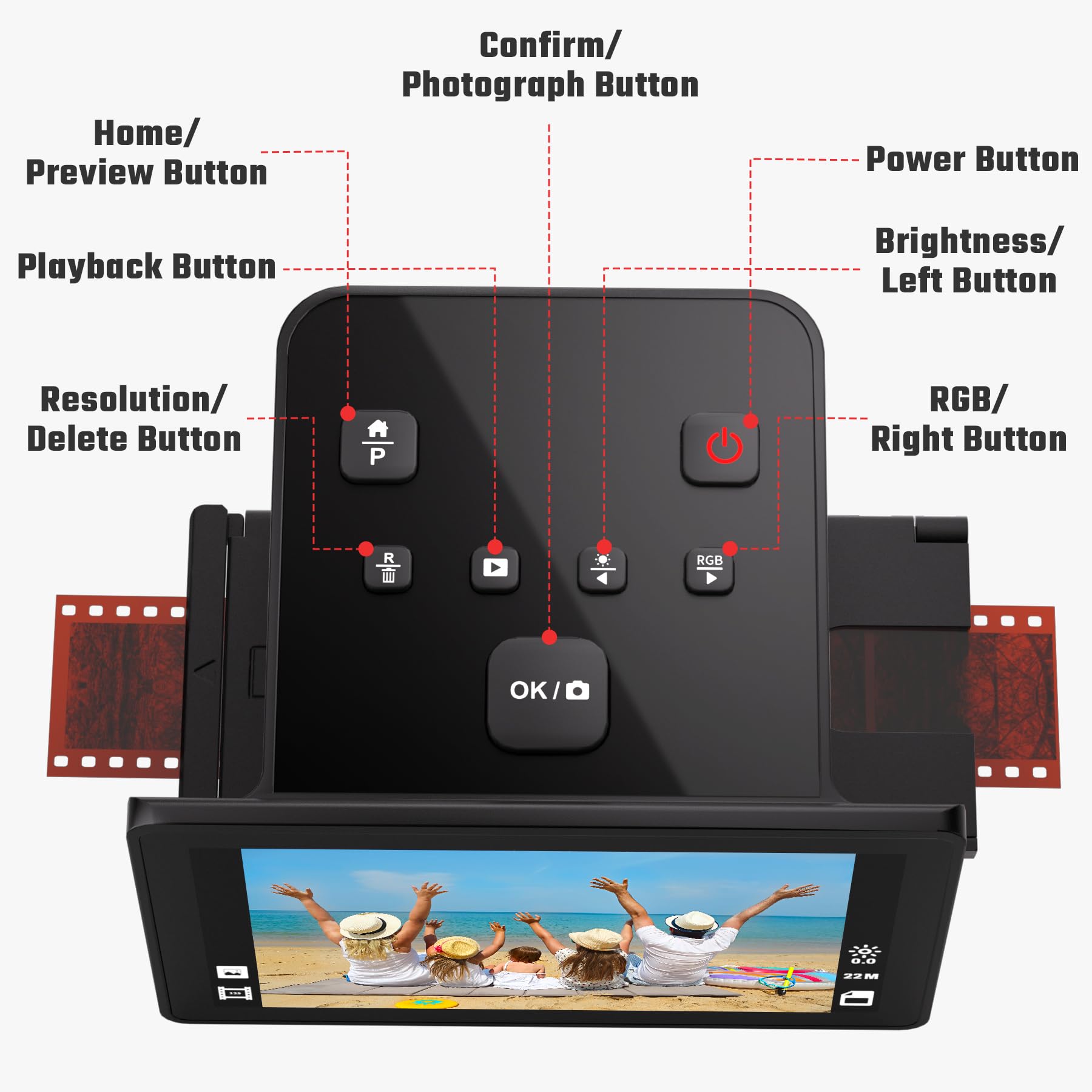 Escáner digital de película y diapositivas con gran pantalla LCD de 5 pulgadas, escáner de diapositivas para digitalizar escáner negativo, convierte 135, 126 KPK, 110 negativos y película Super 8 a 22