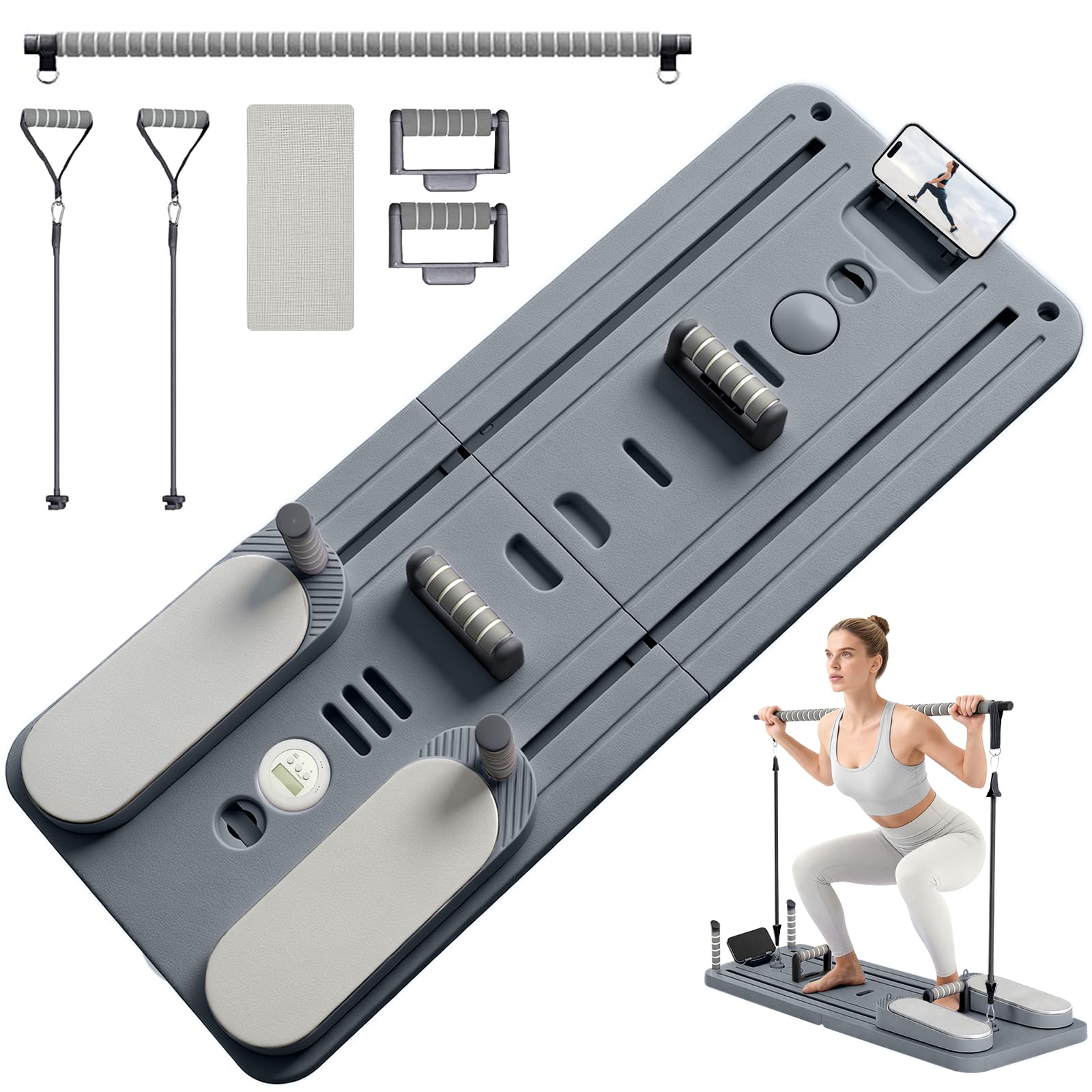 Nordswal Pilates Board with Smart Timer and Resistance Bands, Foldable Reformer Machine, Reformer Pilates Board for Core, Abs, Upper Body Training, Grey
