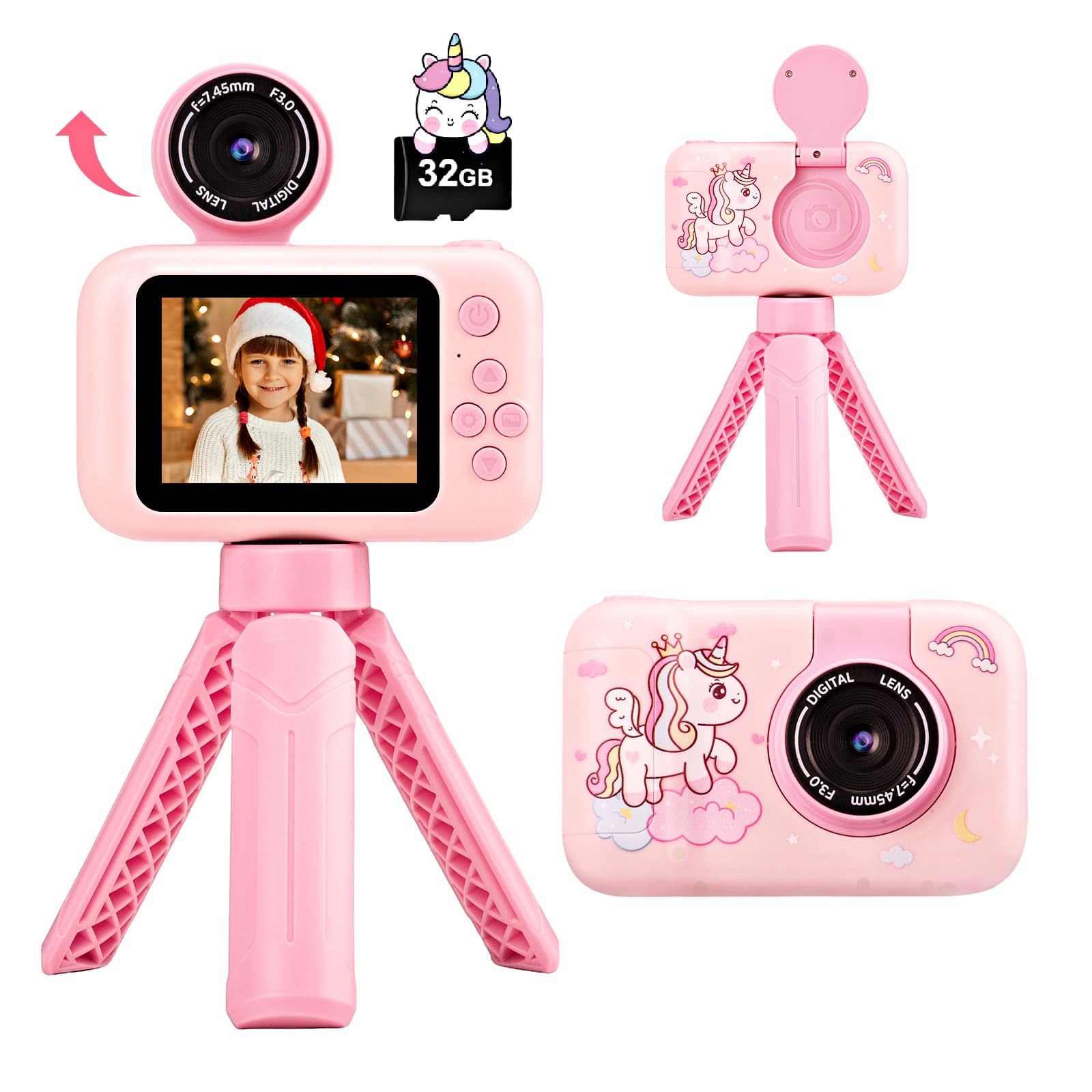 Fotocamera per Bambini con Treppiede, Macchina Fotografica Digitale Unicorno per Ragazze e Ragazzi 3-10 Anni, 1080P, Display IPS 2.4", Obiettivo Rotante 180°, Scheda 32GB, Regalo Natale o Compleanno