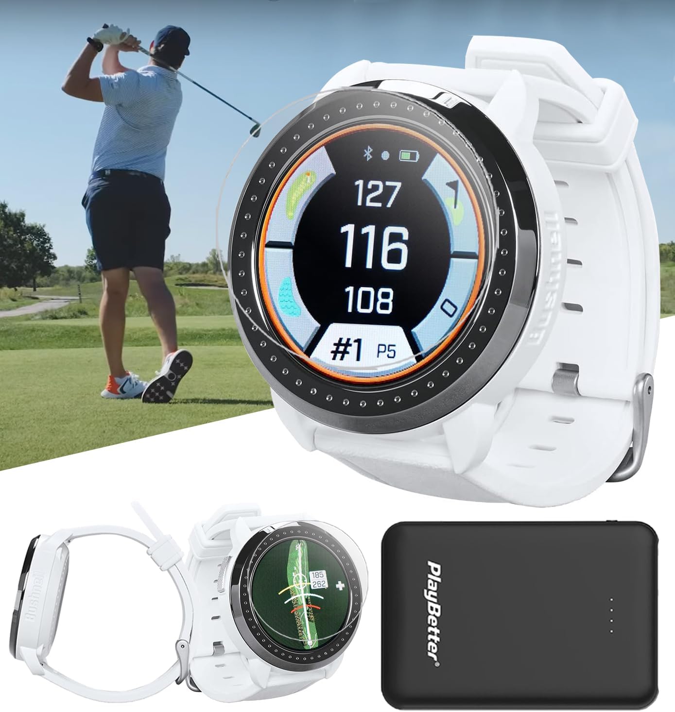 Bushnell iON Elite (White) Golf GPS Watch - Color Touchscreen Smartwatch with 12+ Hours Battery Life, 38K Courses & Slope Distances - Bundle with iON Elite Screen Protectors & Charger
