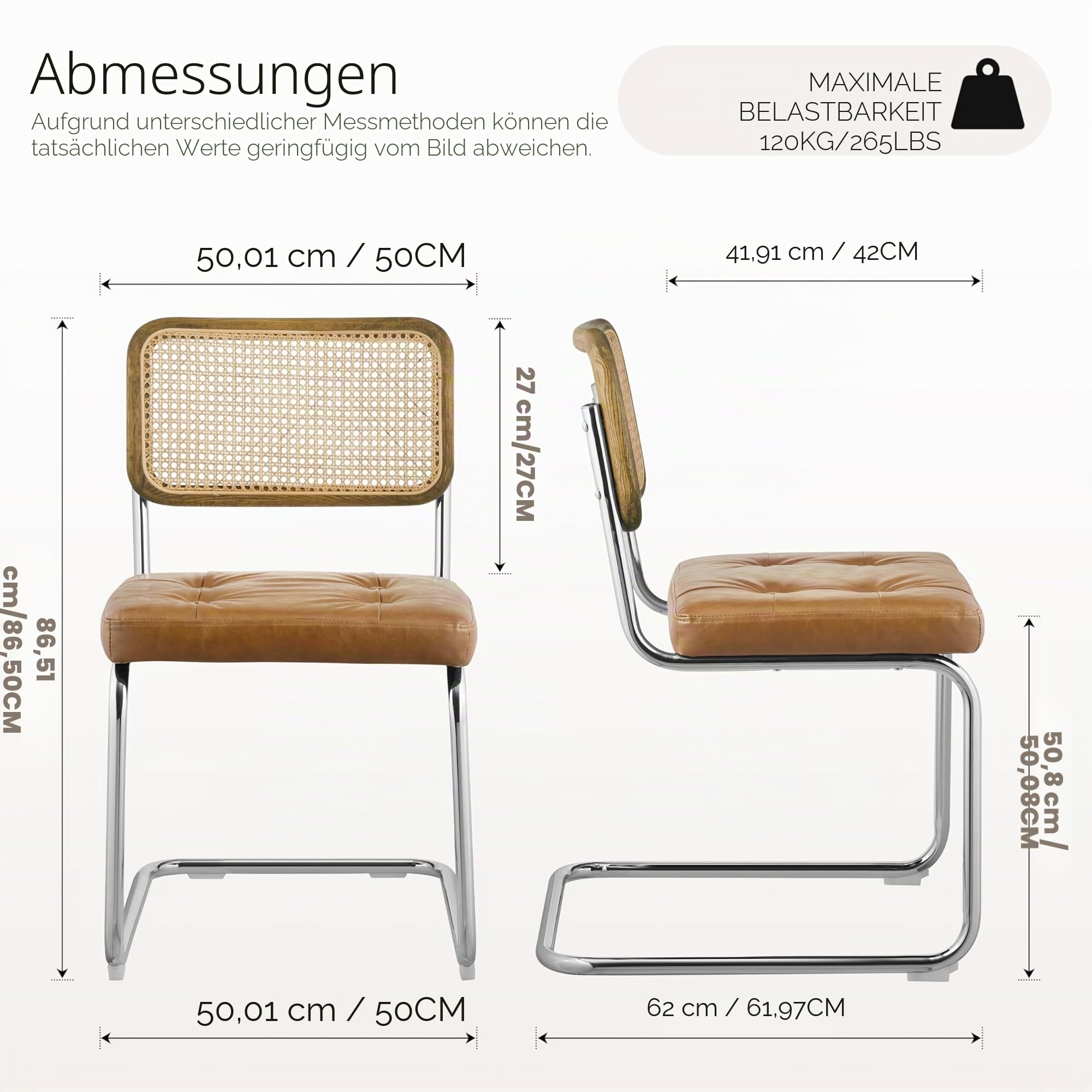 Zouron Stühle 4er Set Schwingstuhl mit echt Eichenholz - Wiener Geflecht Küchenstühle, Gelbbraun Rattan Stuhl Freischwinger Stühle, Kunstledersitz Metallgestell Esszimmerstühle Rocking Chairs