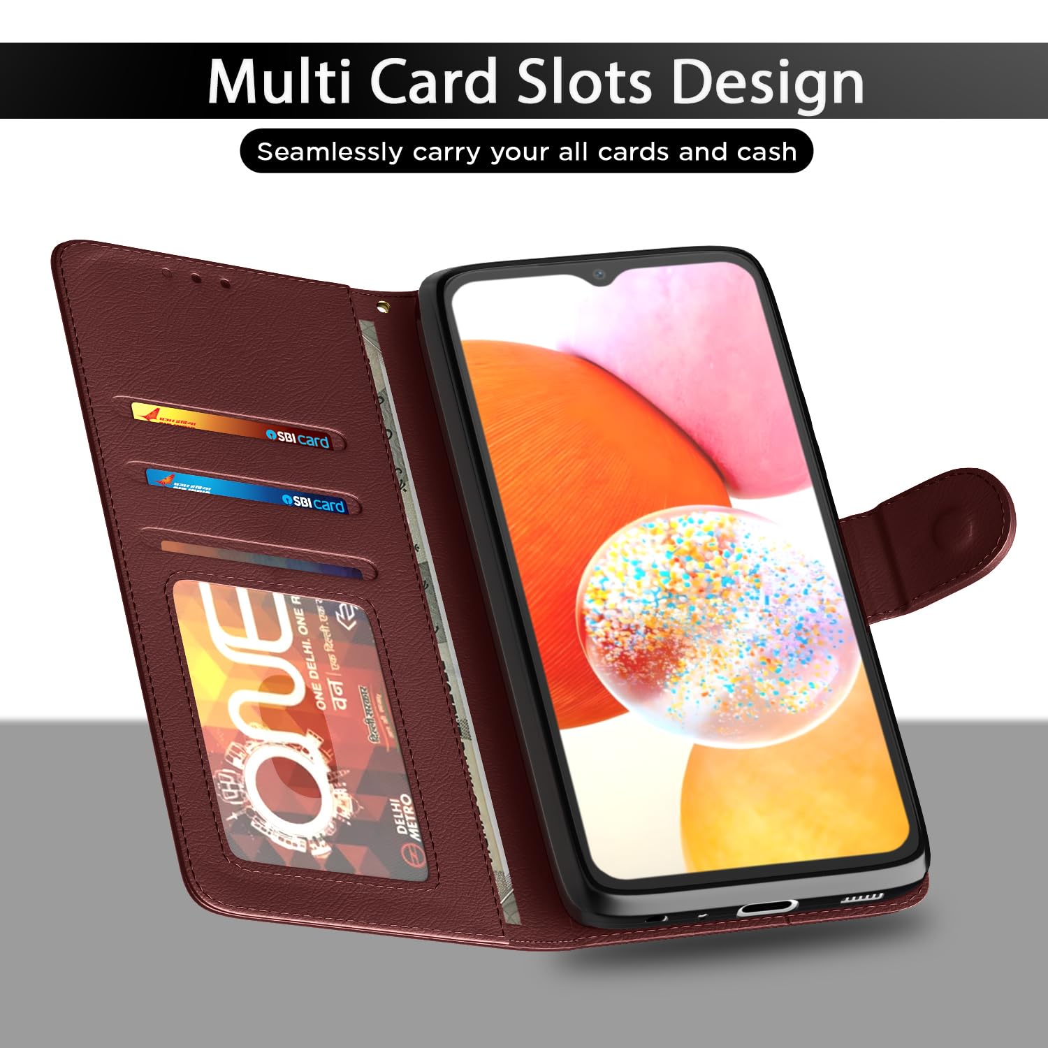 Samsung Galaxy A14 Flip Cover - Leather Wallet Stand -5 Samsung Galaxy A14 Flip Cover - Leather Wallet Stand -5