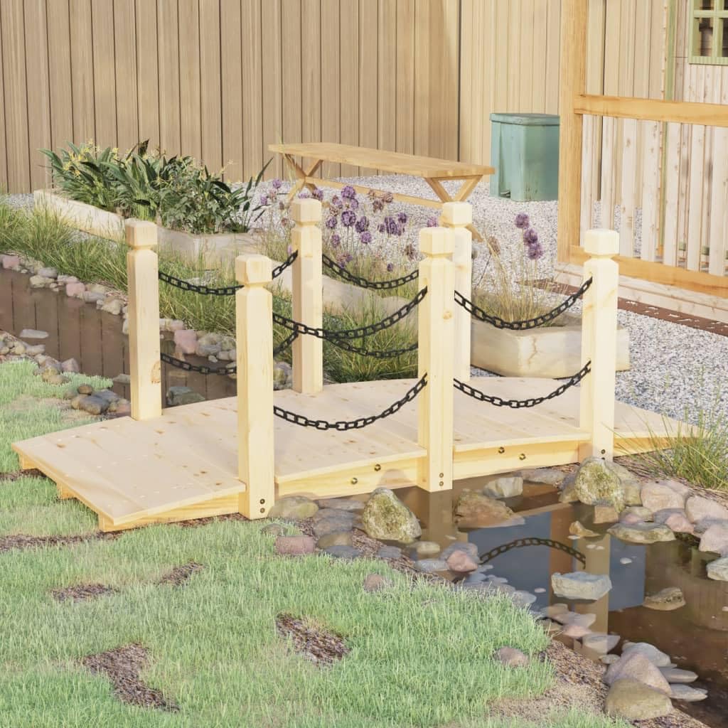 Most ogrodowy z litego drewna świerkowego, 150 x 67 x 56 cm, z balustradą łańcuchową i poręczą, stabilny most drewniany jako most do stawu i potoku, do ogrodu, na taras, podwórko i jako
