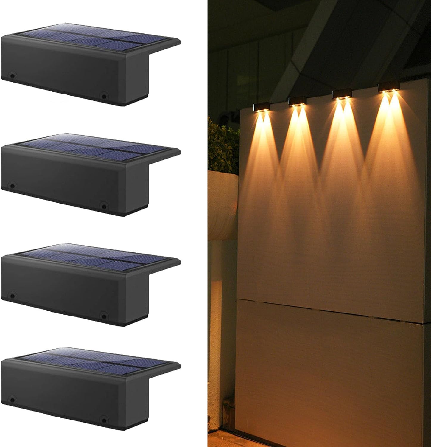Solar Deck Lights Outdoor,4 Pack Solar Fence Lights,Warm White Solar Wall Lights,Waterpoof Led Illuminate Outside Lighting for Yard Railing Stair Patio Decor