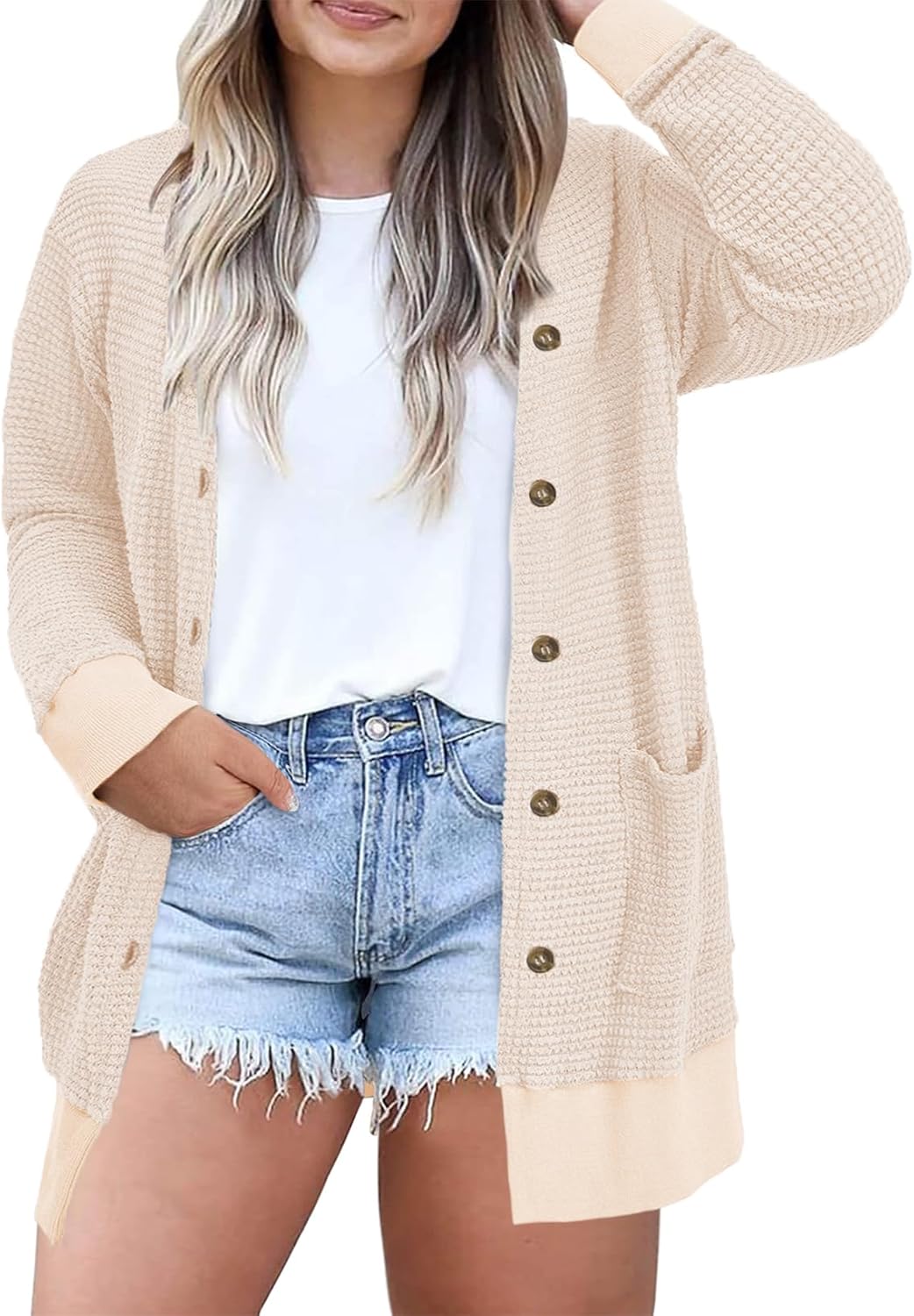 Eytino Womens Plus Size Cardigans Casual Long Sleeve Waffle Knit Front Button Tops(1X-5X)