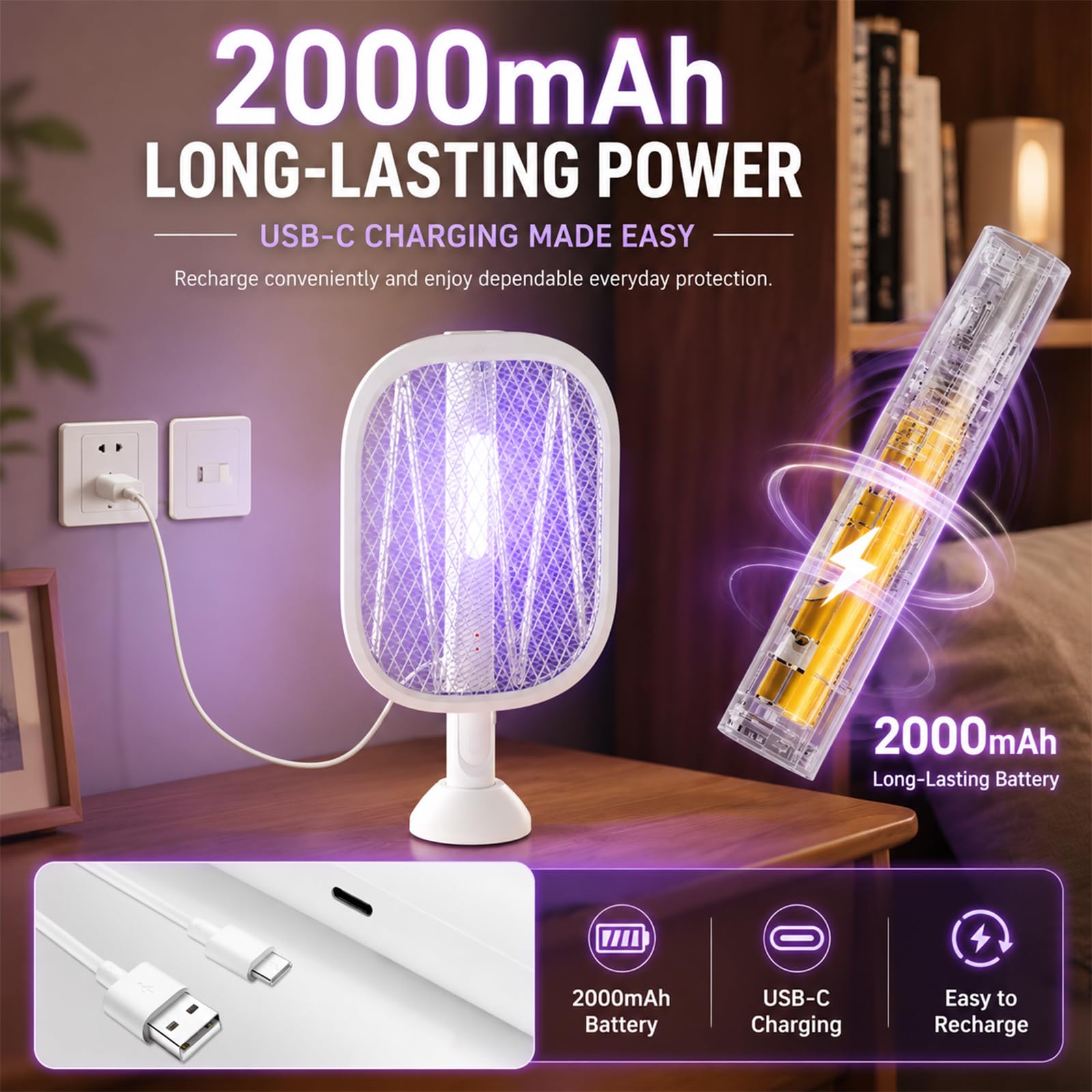 Elektrische Fliegenklatsche 5000V, 2 in 1 Mückenklatsche Elektrisch mit UV-Licht & Nachtlicht, 180° klappbarer Kopf, ausziehbar 61–72 cm, 2000mAh USB-C Akku, Insektenvernichter für Haus Camping