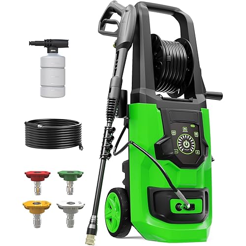 Pressure Washer, 5000PSI 3.2GPM Adjustable Touch Screen with 55FT Total Length Power Washer Electric Powered 4 Nozzles for Driveways Furniture or Cars 2000W (Olive)