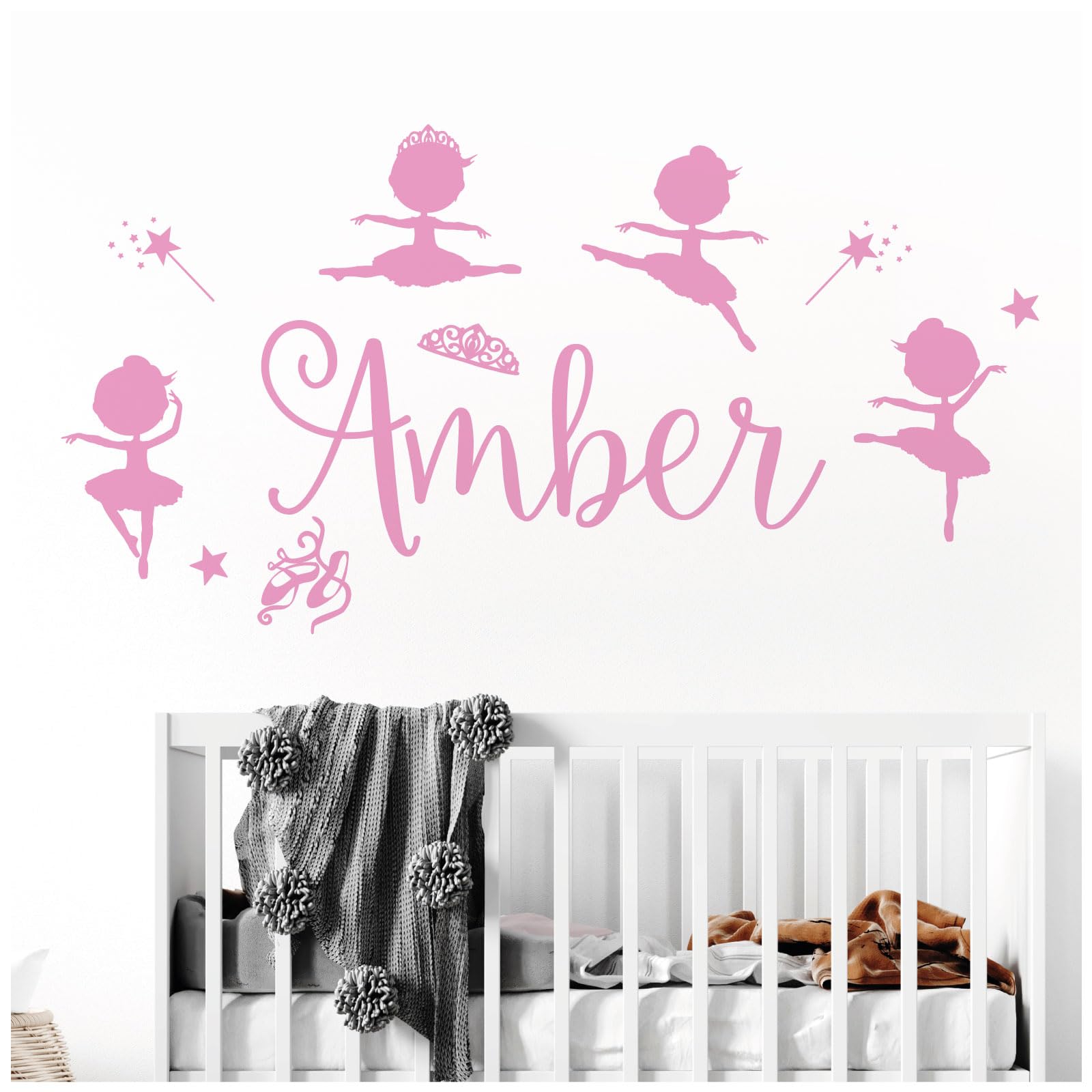 Personalised Name Girls Wall Art Sticker - Baby Ballerina Little Princess, Ballet Shoes, Wand, Star [Large] [Pink]