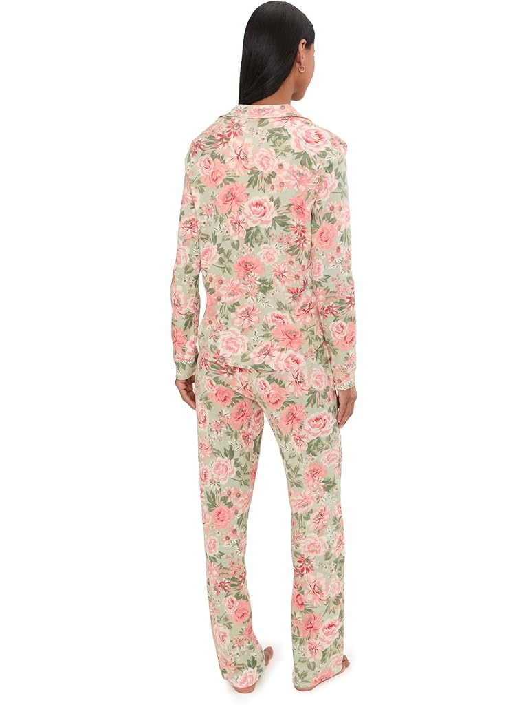 Multi Karen Neuburger Vintage Dreams Long Sleeve Notch Top & Long Pants Set With Picot Trim