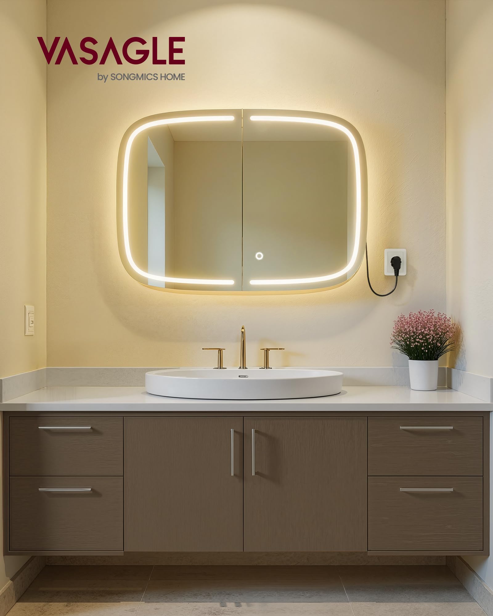 VASAGLE Armario de Baño de Pared con Espejo y Luz, 2 Estantes Ajustables | Armario Colgante de Baño, 2 Tomas de CA y 2 Puertos USB, Esquinas Redondeadas, Negro Tinta, Colección AILEAS, BBK128B01