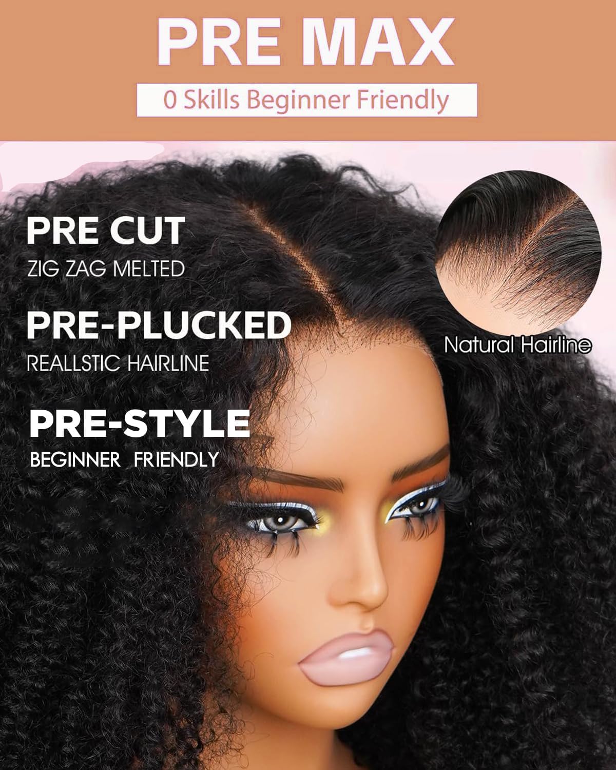Glueless Wig Human Hair, Perücke Echthaar Damen 4x4 Lace Front Wigs for Women, 200% Density, Afro Kinky Curly Wig Human Hair, No Glue, Pre Cut Lace Wear and Go Real Hair Wig Schwarz 16 Inch