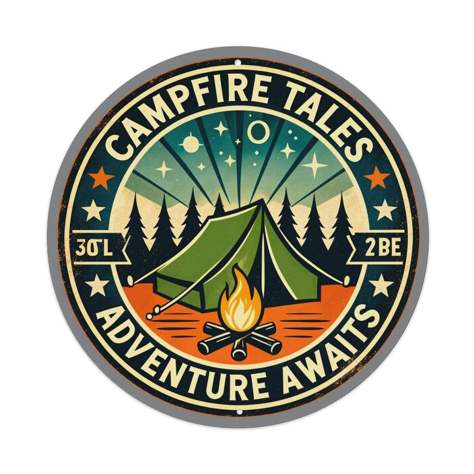 Campfire Tales Adventure Awaits Round Tin Sign Vintage Metal Poster, Home Bar Garage Man Cave Cafe Indoor & Outdoor Wall Decoration 8x8Inches