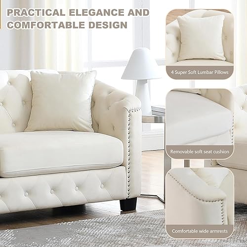 Miniatura 4 de Juego de sofá Chesterfield de terciopelo moderno de 2 piezas de 77 pulgadas, 3 plazas, respaldos tapizados con brazos de cabeza de clavo y 4 cojines