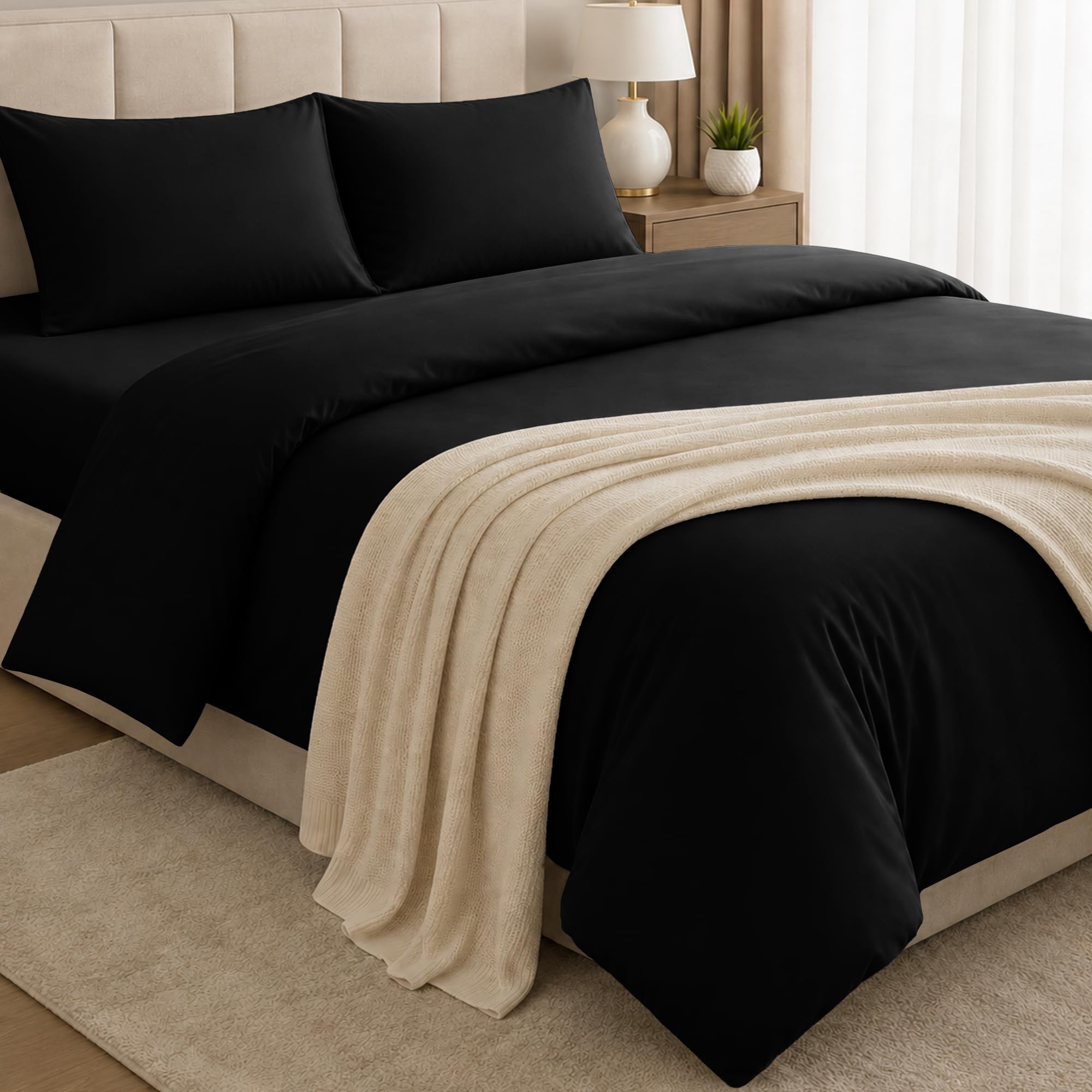 BEDIO Black (4 Piece) Super King Bedding Set - Duvet Cover, Fitted Sheet with 2 Pillow cases - Soft Brushed Microfiber Set