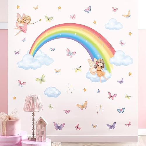 Miniatura 2 de decalmile Calcomanías de pared de arco iris, diseño de hada de mariposa, color rosa, calcomanías de pared para dormitorio de niñas, guardería, sala