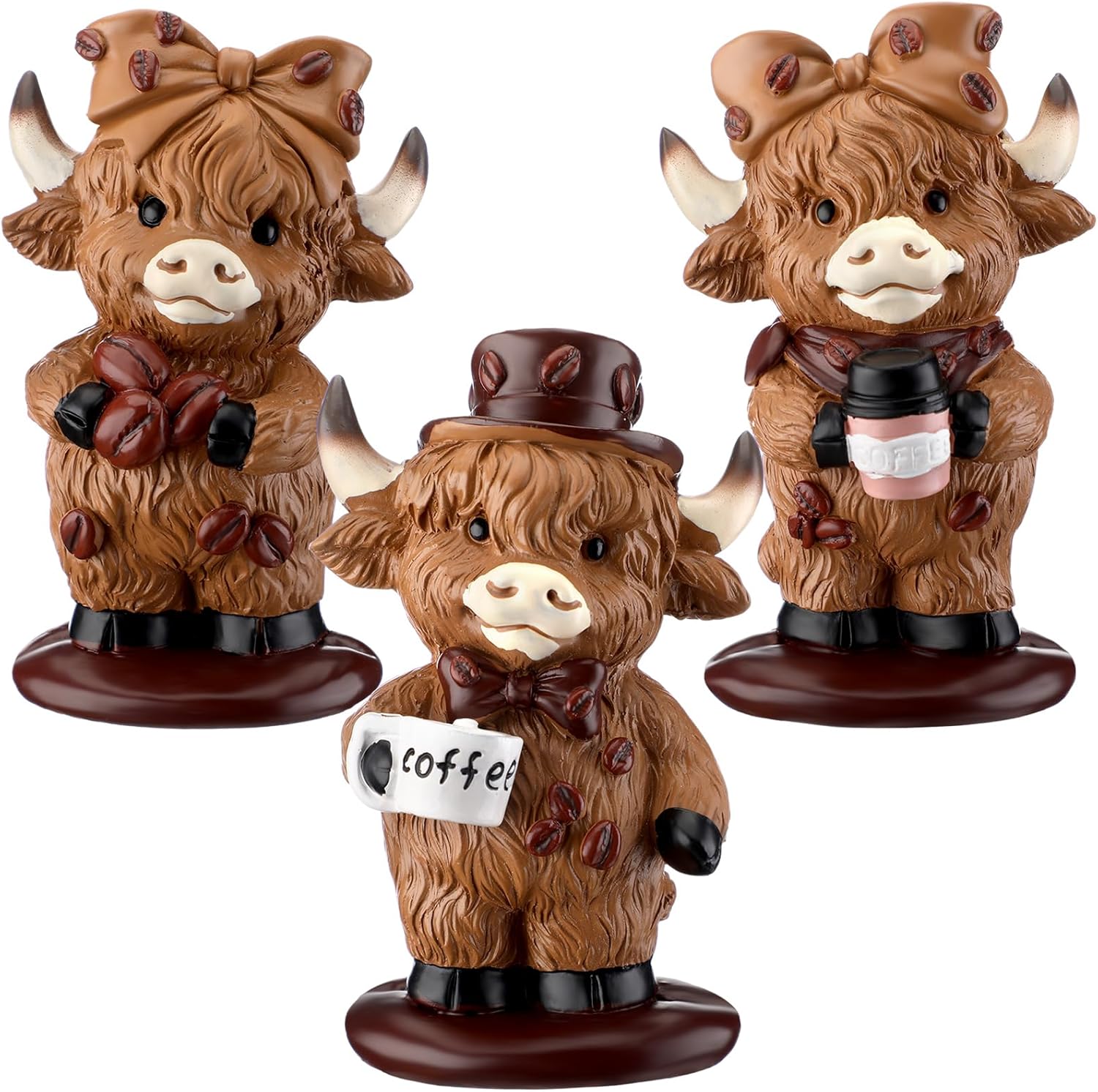 Foilswirl 3 Pcs Coffee Highland Cow Figurines for Book Shelf Desk Decor, Highland Cows Themed Gifts Resin Statue Cow Gnomes Figures for Table Coffee Bar Kitchen Home Office Decorations