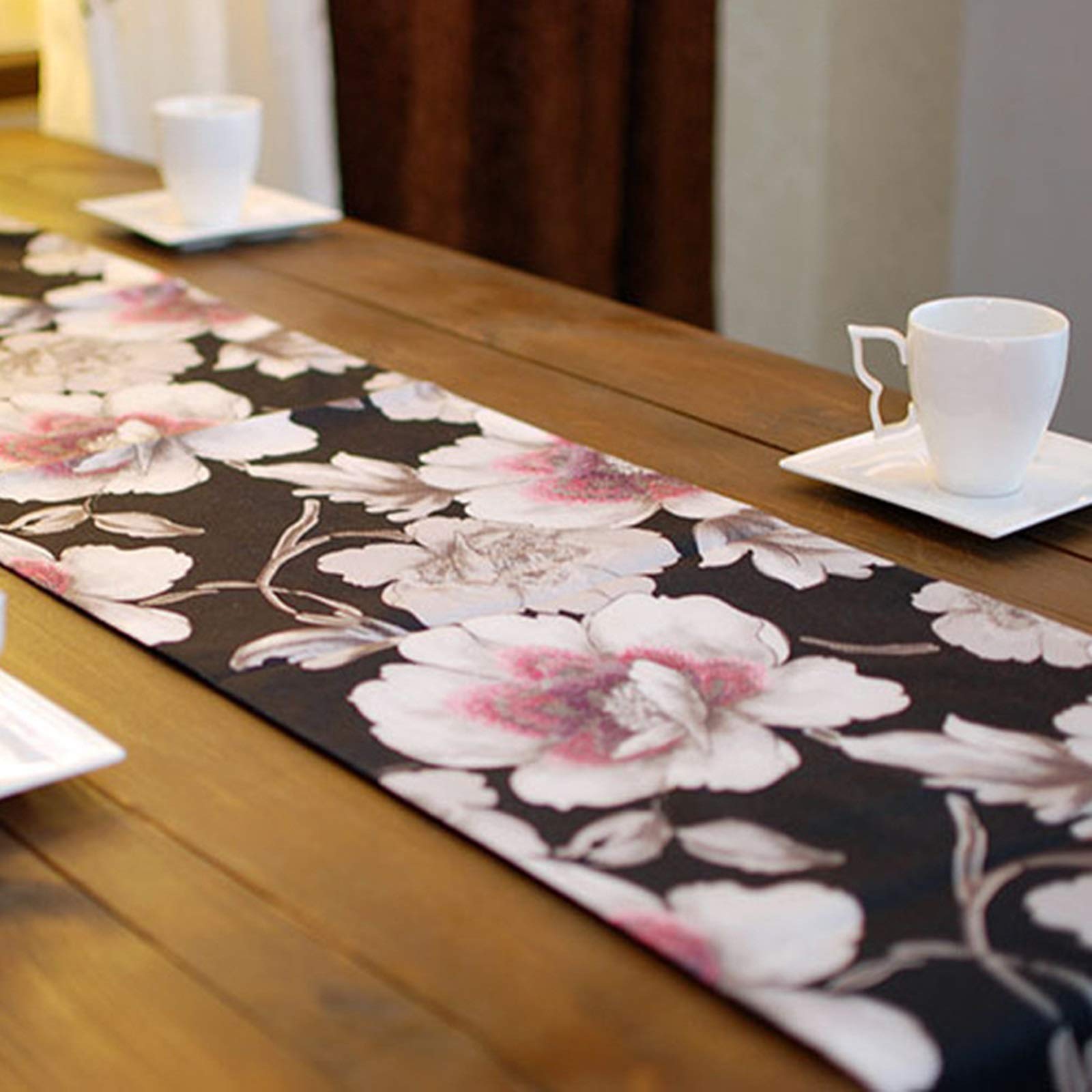 Hochzeit Tischläufer Deko, Polyester Tischläufer Abwaschbar Weihnachtlicher Tischläufer Wohnzimmer Blumen Luxus Schwarz Weiß 33x200CM