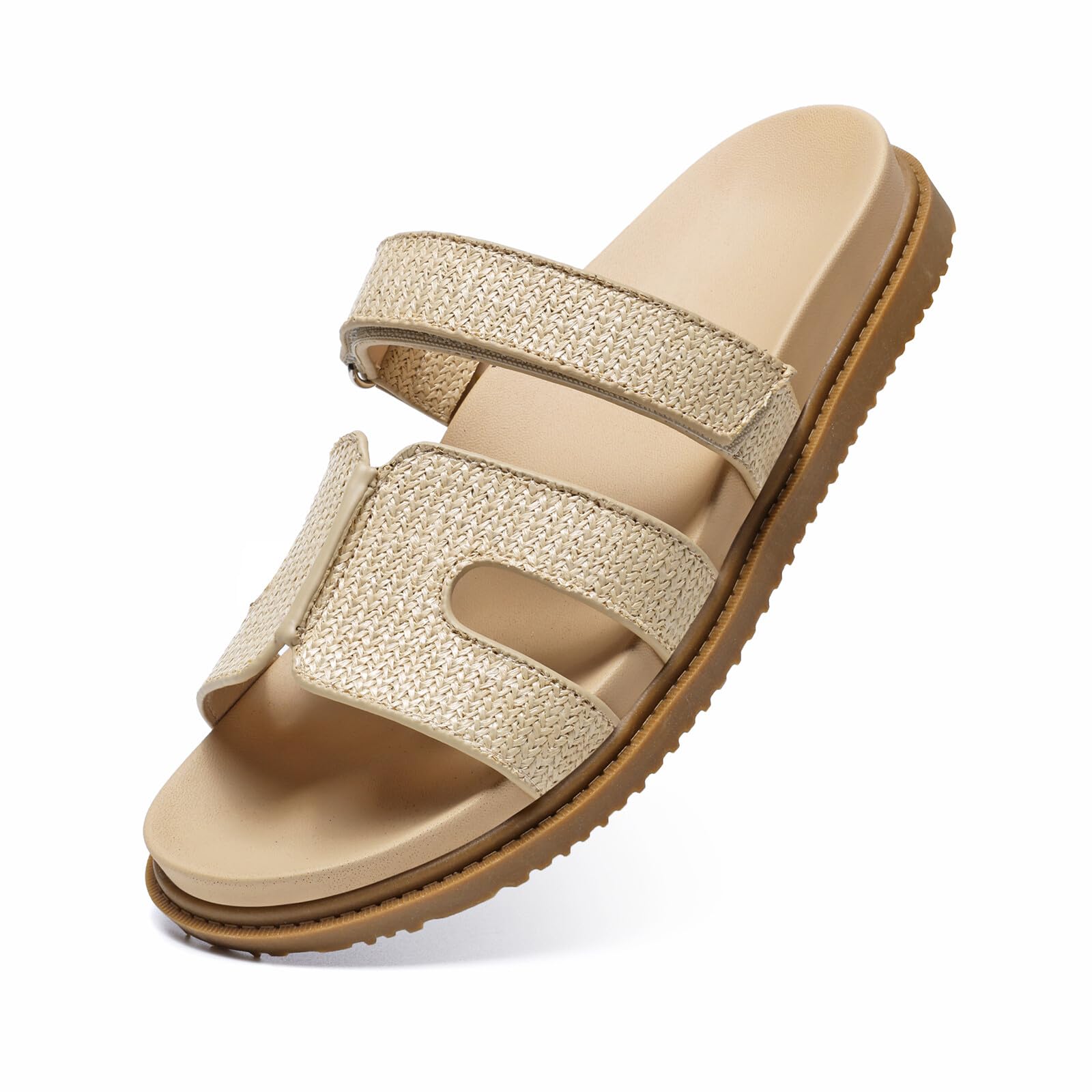 ZEENXIUYA Women's Slide Sandals with Comfort Arch Support, Adjustable Velcro Summer Beach Slides, Lightweight Slip on H-Strap Leather Open Toe Wide