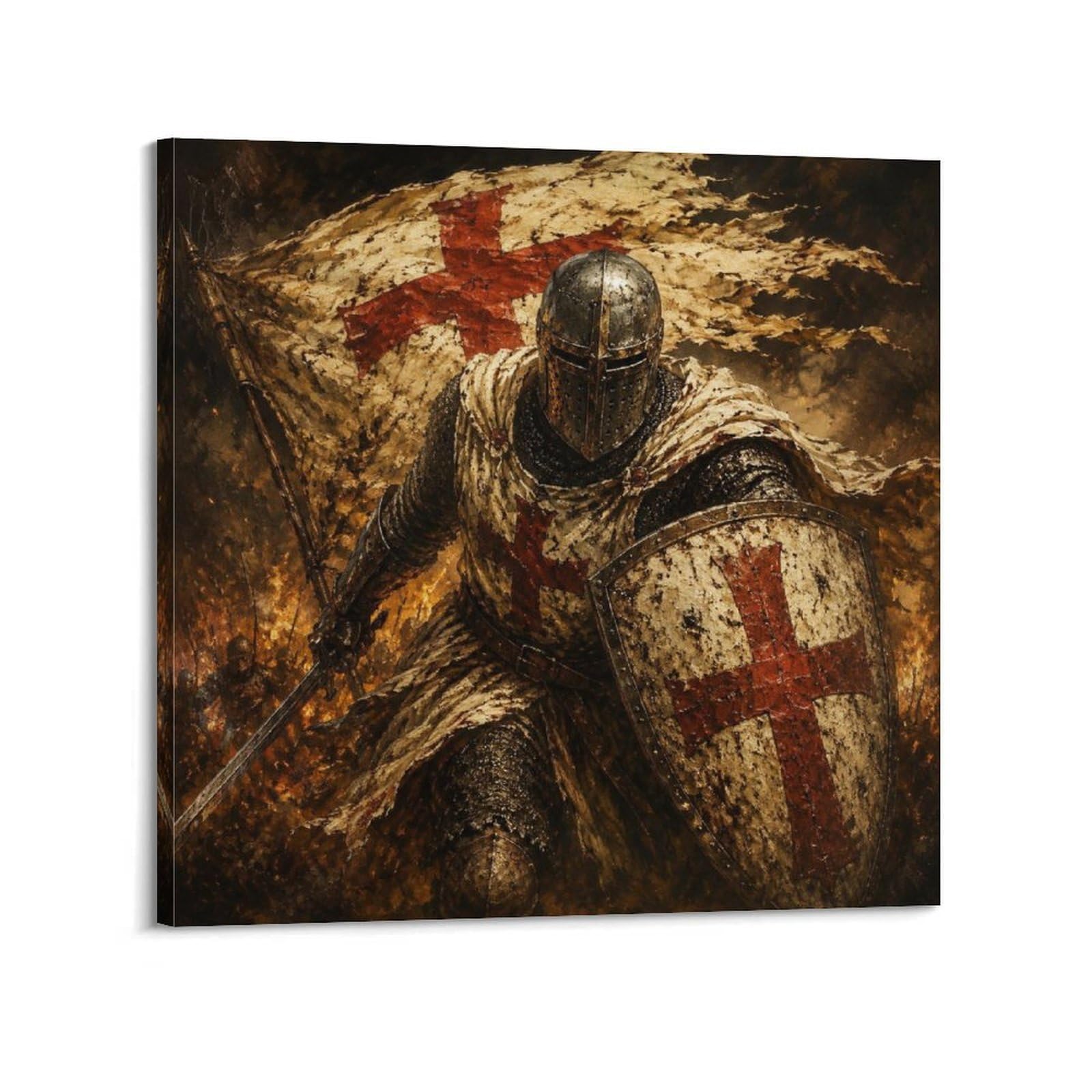 XKUGA Templar Knight Burning Poster Vintage Sacred Shield Charge Modern Decorative Canvas Prints - Ideal Wall Art for Family, Man Cave, Game Room, Boys & Girls Bedroom 28x28inch(70x70cm)
