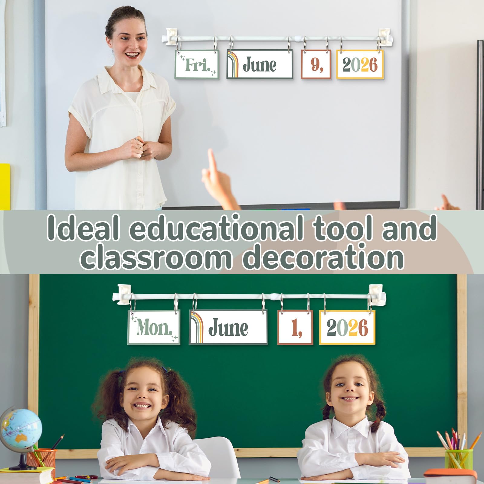 Set di calendari bohémien moderni e bohémien, con supporto, decorazione per aula bohémien, con 54 biglietti per data, supporto regolabile per calendario per aula e la casa