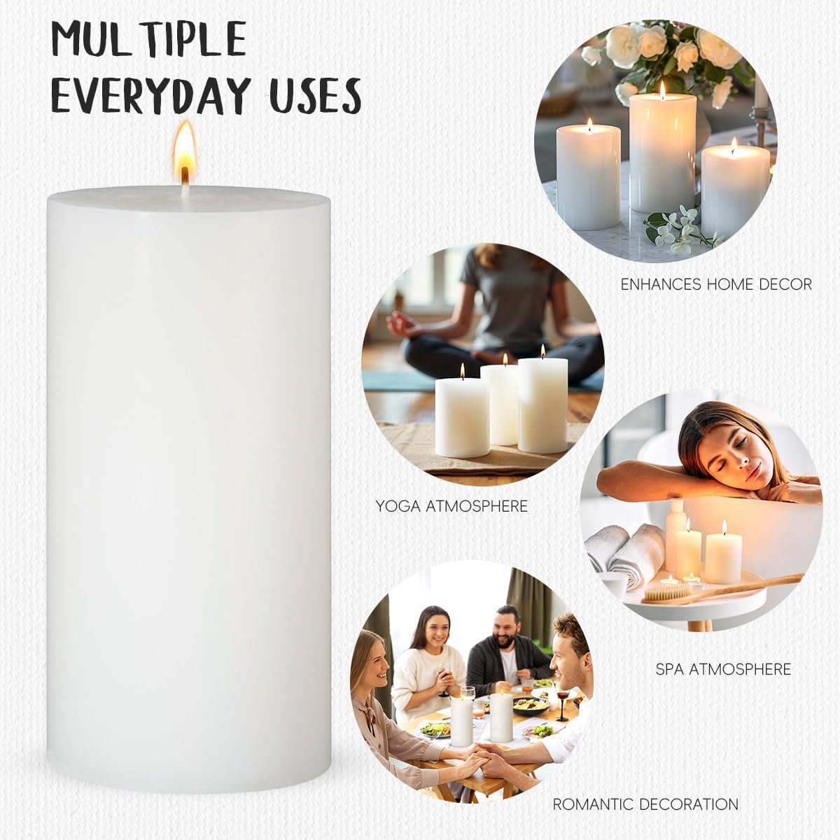 3 Packs Unscented Different Sizes White Pillar Candles, Dripless 3x4, 3x6, 3x8 Inch Cylinder Candles for Wedding, Home Decor, Dinner Table, Party, Power Outage, Emergency