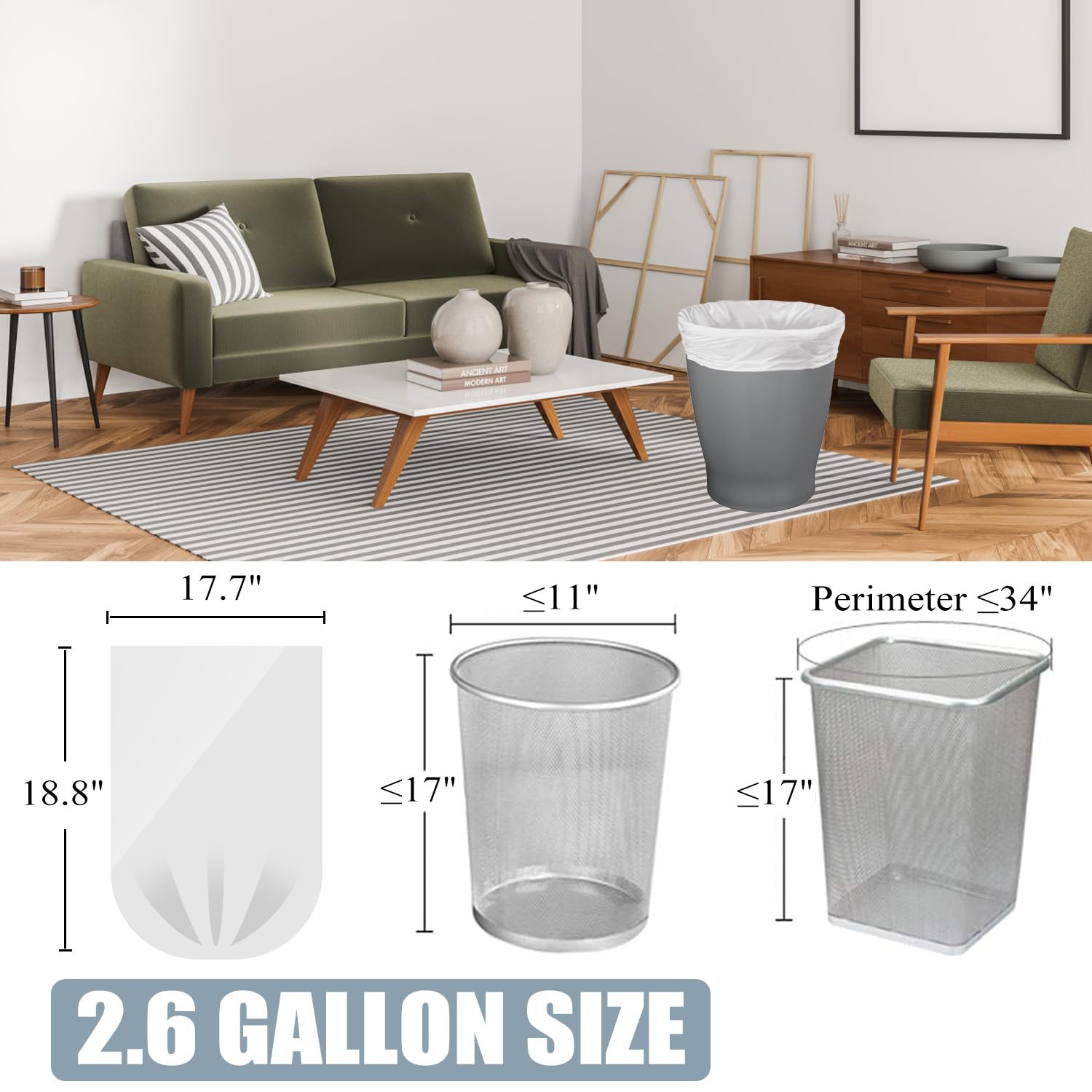 Bolsas de basura pequeñas – 108 bolsas de basura de 2.6 galones, bolsas de basura pequeñas para oficina, dormitorio, cocina, bolsas de basura pequeñas blancas de 2.6 galones