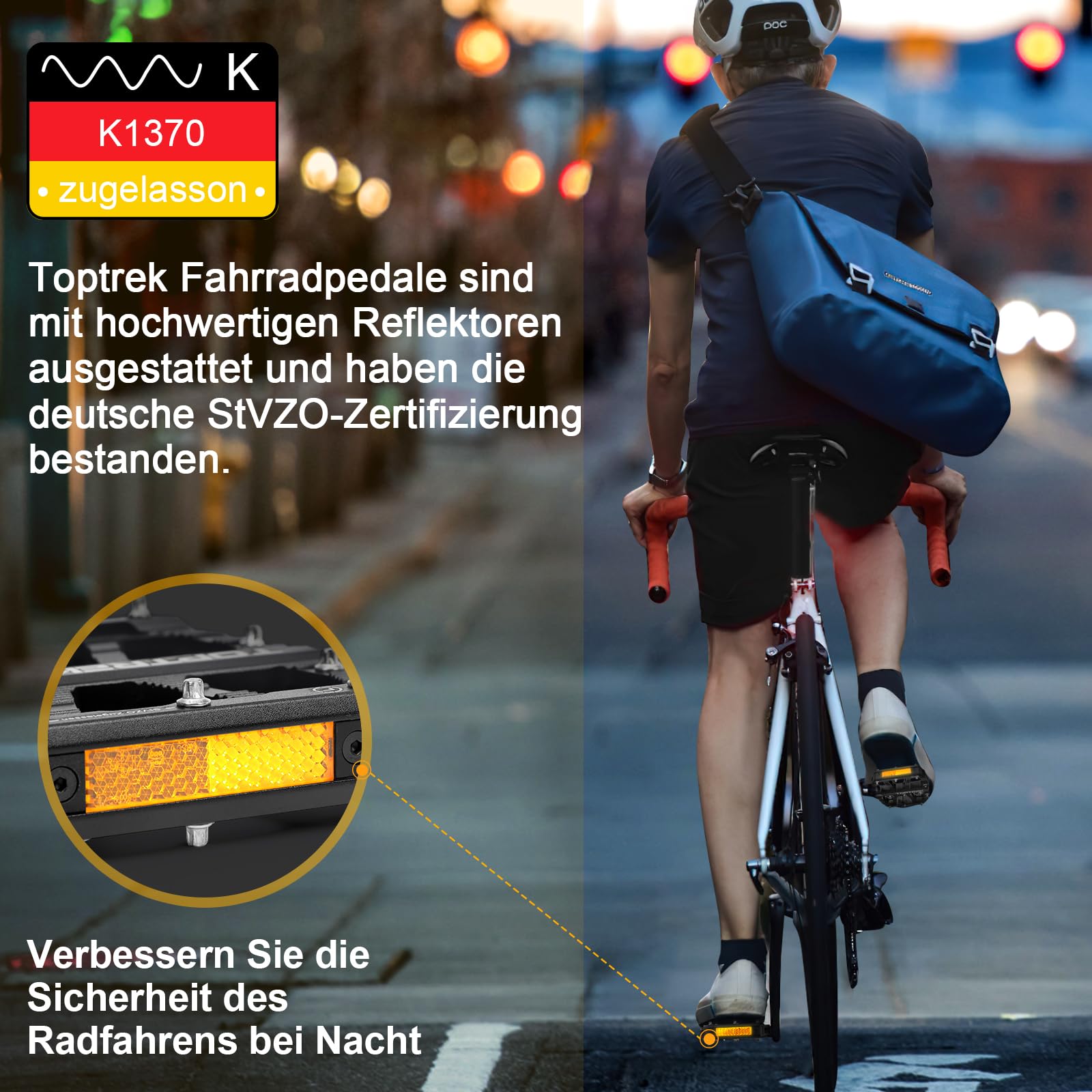 toptrek Fahrradpedale mit StVZO Zugelassen Reflektoren, CNC Aluminium Pedale Fahrrad MTB Pedale rutschfest mit 3 Abgedichtete Lager für Mountainbike, BMX, E-Bike, Rennrad