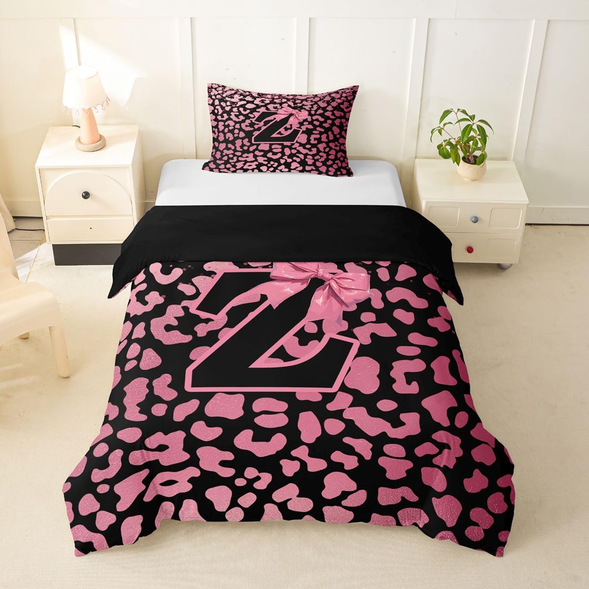 jejeloiu Initial Letter Z Duvet Cover Toddler Size Pink Black Glitter Bow Bedding Set for Boys Girls Leopard Bowknot Comforter Cover Bedroom Decor 2Pcs No Comforter Zipper Closure with 1 Pillowcase