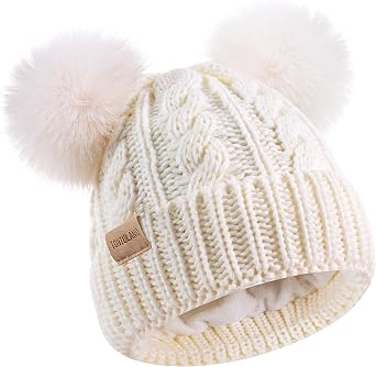 Kids Winter Beanie Childrens Warm Knitted Fleece Lined Ski Pom-Pom Warm Knit Hat for Boys & Girls 3-9 Years