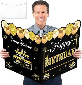 Kuxriox Large Happy Birthday Card With Envelope, Black Gold Happy Birthday Giant Guest Book Gifts for Men Women, Big Happy Birthday Card Gifts Party Supplies, Jumbo Happy Guest Book Greeting Card