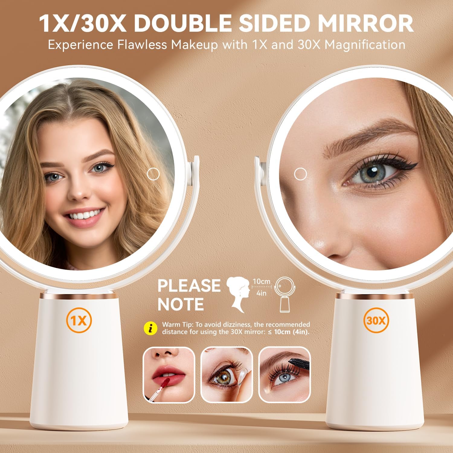 Auxmir Makeup Mirror showing 1X and 30X magnification sides with a woman's face