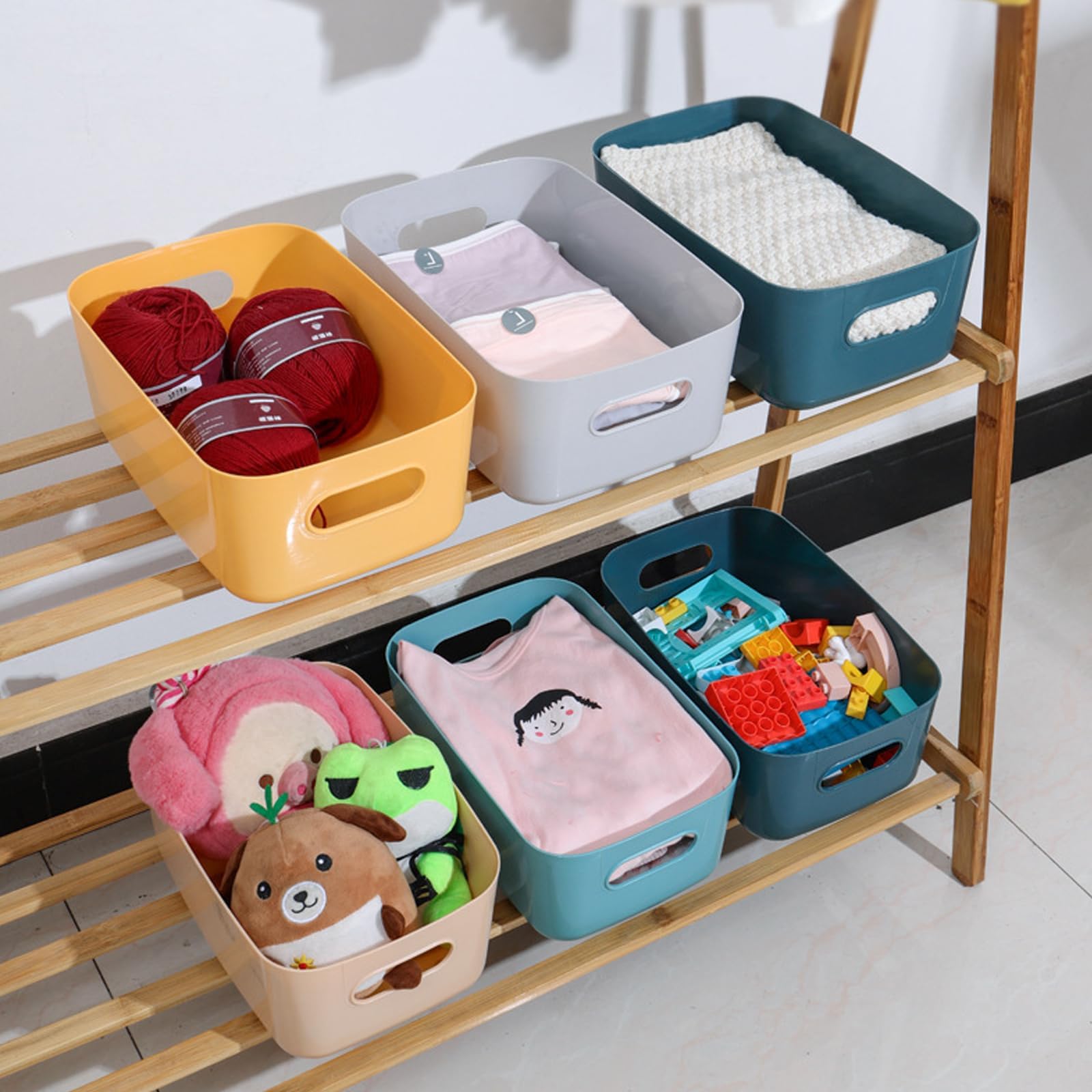 YAYODS Juego de 10 Cajas de Almacenaje de Plástico con Asas (30x20x12cm), Cestas Organizadoras Apilables para Armarios, Cocina, Baño y Oficina - Azul Marino Moderno