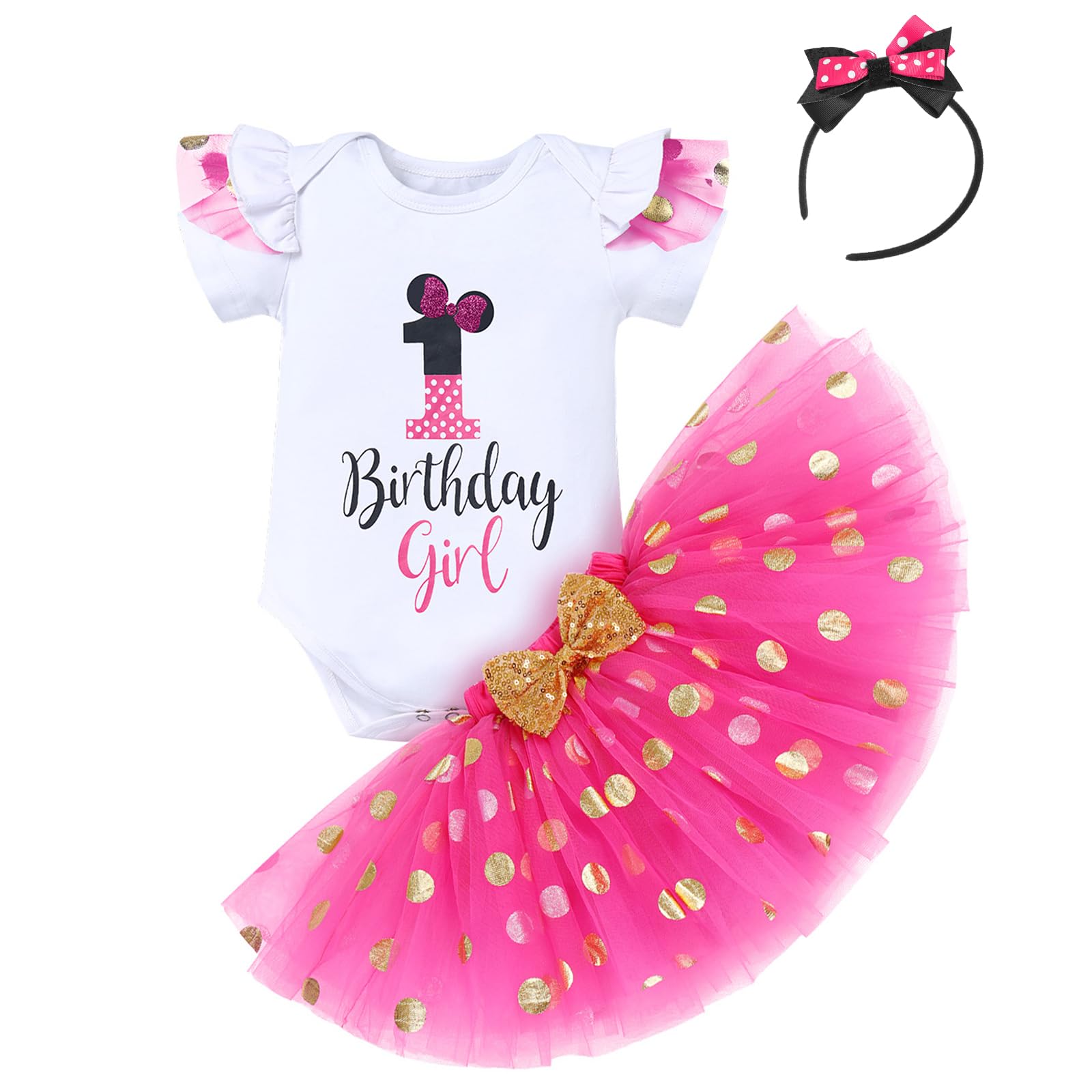 IBTOM CASTLE Cake Smash, set di gonna a pois con volant e fascia per capelli, per bambina, per festa