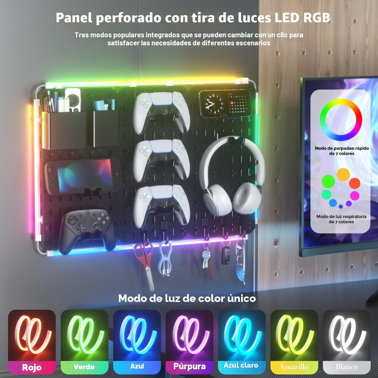 KDD 7 en 1 Panel Perforado Organizador Pared, 40x20cm 3 Paneles de Pegboard Gaming con Barra de Luz LED, Tablero Perforado de Kit Combinado con 14 Piezas para Colgar Herramientas para Juegos Oficina
