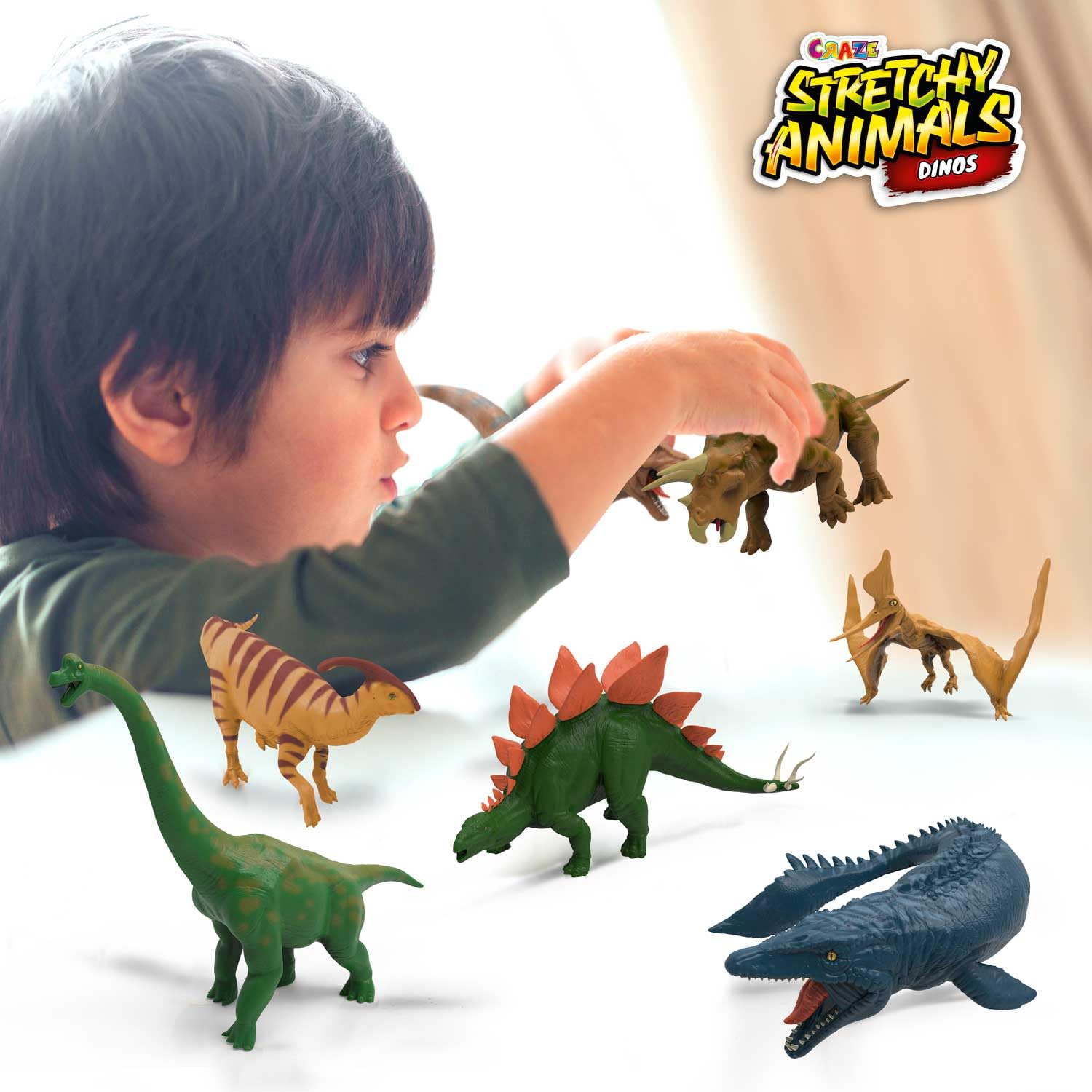 Craze Stretchy Animals Dinos Komplette Sammlung - 12x Superdehnbare Dino Figuren, Dinosaurier Spielzeug zum Sammeln mit elastischer Haut und spezieller Füllung