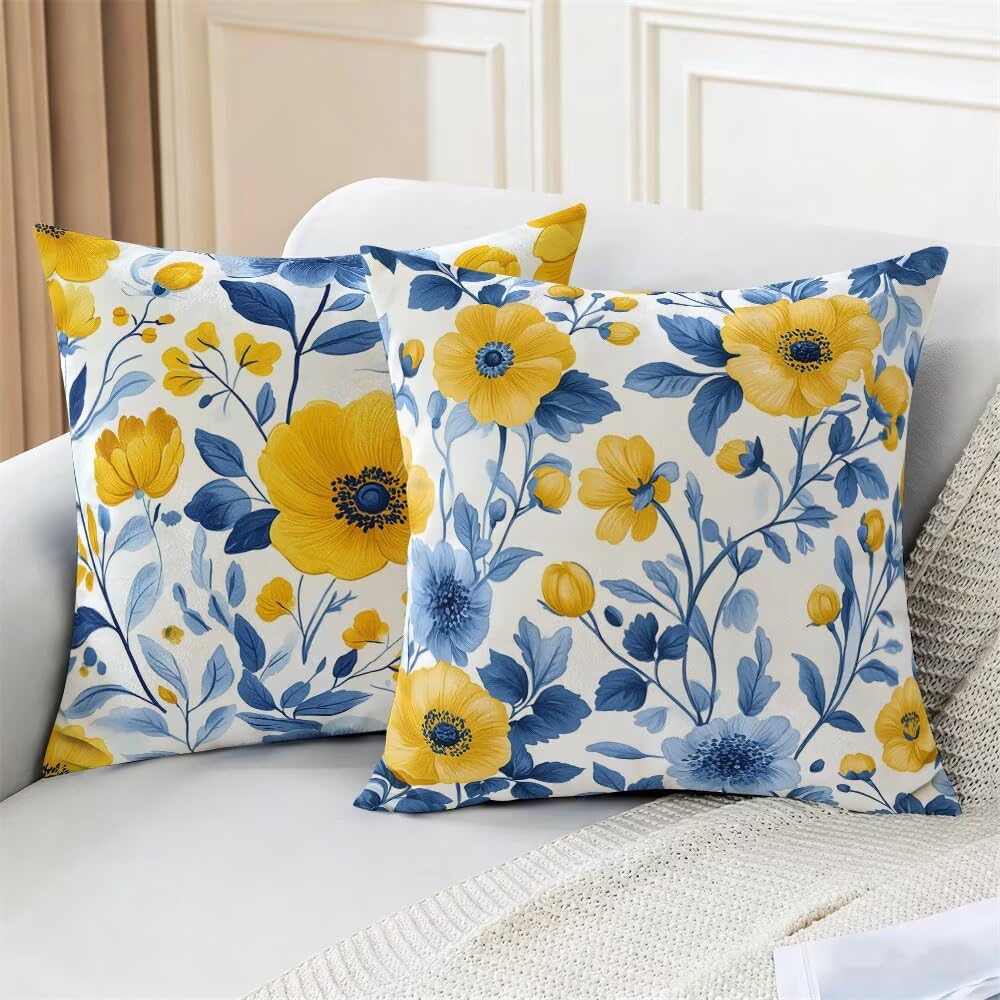 Federe Cuscini Divano 60x60 cm Federe Morbido Copricuscini Blu in Velluto, 2 Pezzi Copri Cuscini per Divano Piante Quadrati Decorativi Federa Cuscino Primavera per Camera da Letto Soggiorno (IU165)