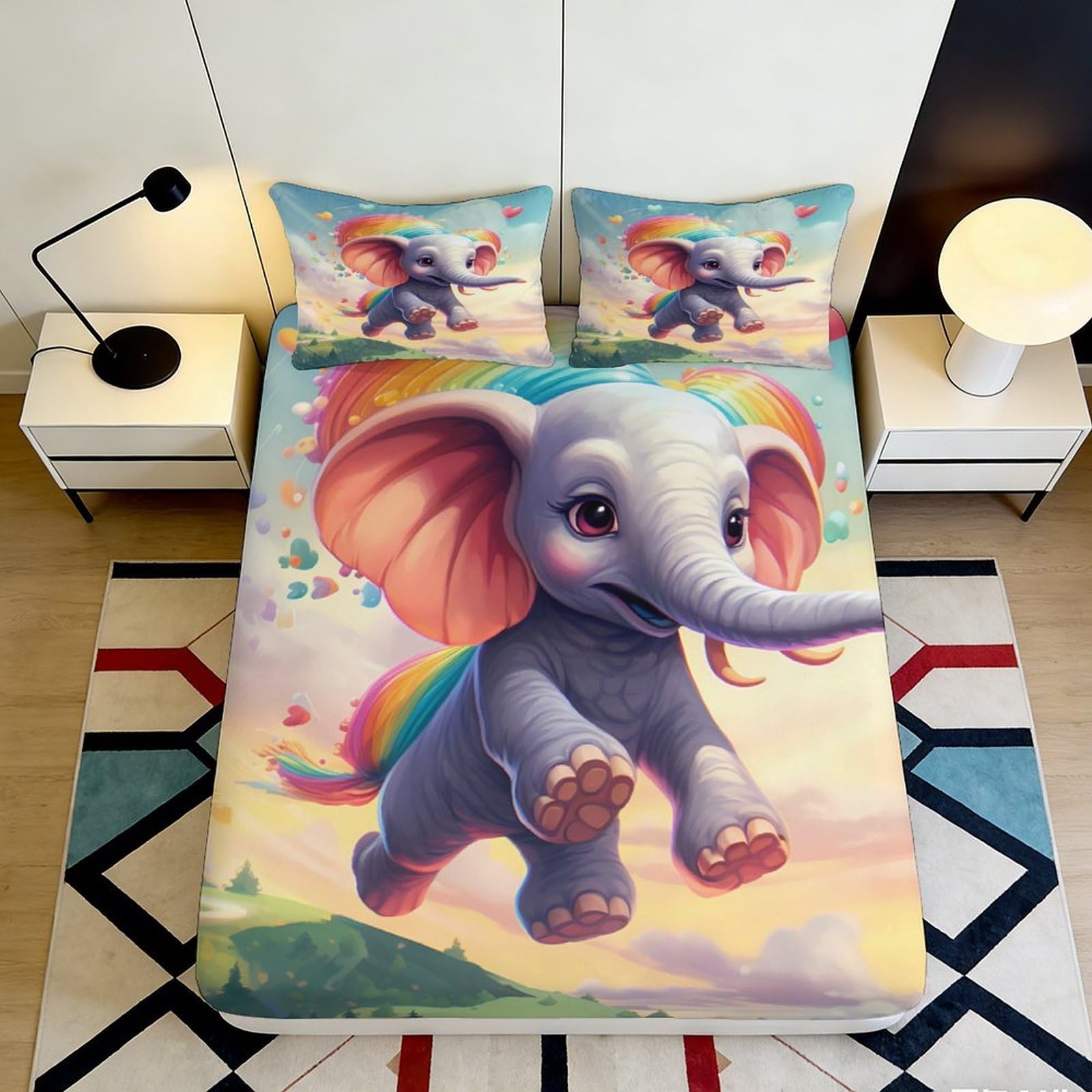 3D Printed Rainbow Elephant Fitted Sheet Microfiber Soft Bed Sheet for Bedroom Dorm Mattress Cover Decor 90x200x25cm