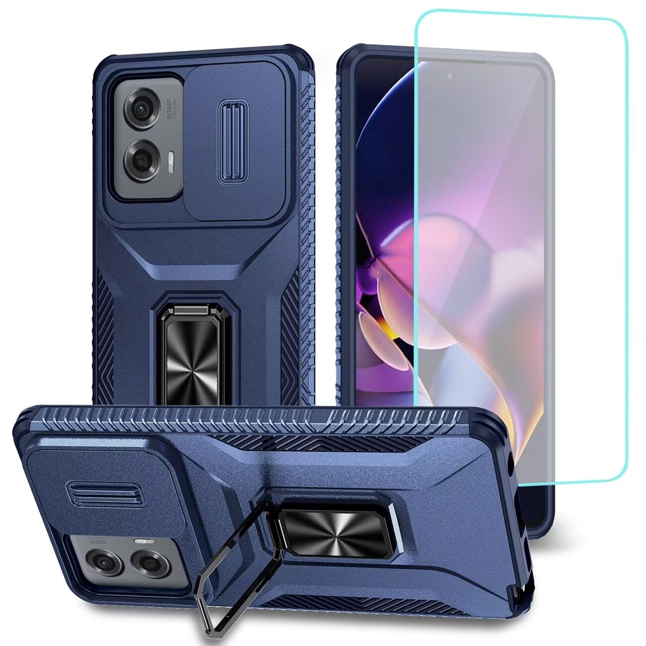 Wanyuexes Case for Moto G Stylus 5G 2024 with Tempered Glass Screen Protector and Slide Camera Cover, Rotated Ring Holder Cover for Motorola Moto G