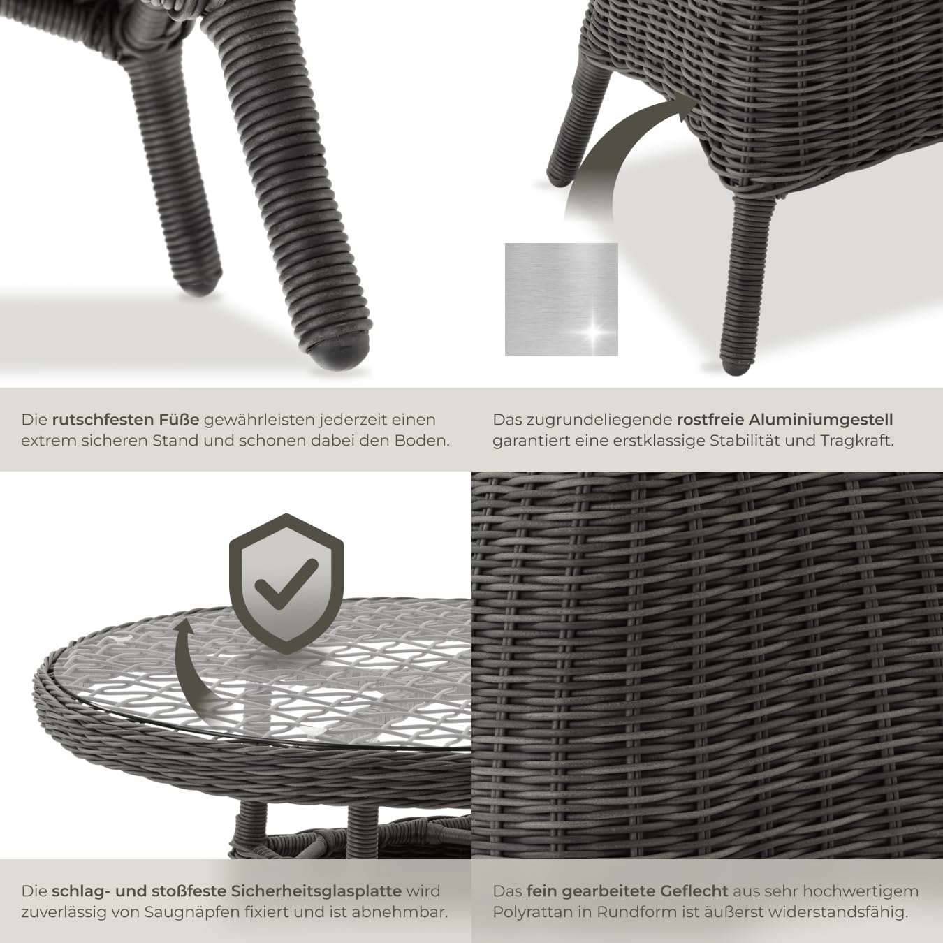 tectake 800817 Alu Gartentisch mit hochwertigem Polyrattan Geflecht, Tischplatte aus Sicherheitsglas, Outdoor Beistelltisch für Garten, Terrasse und Balkon, rund (Grau | Nr. 403680)