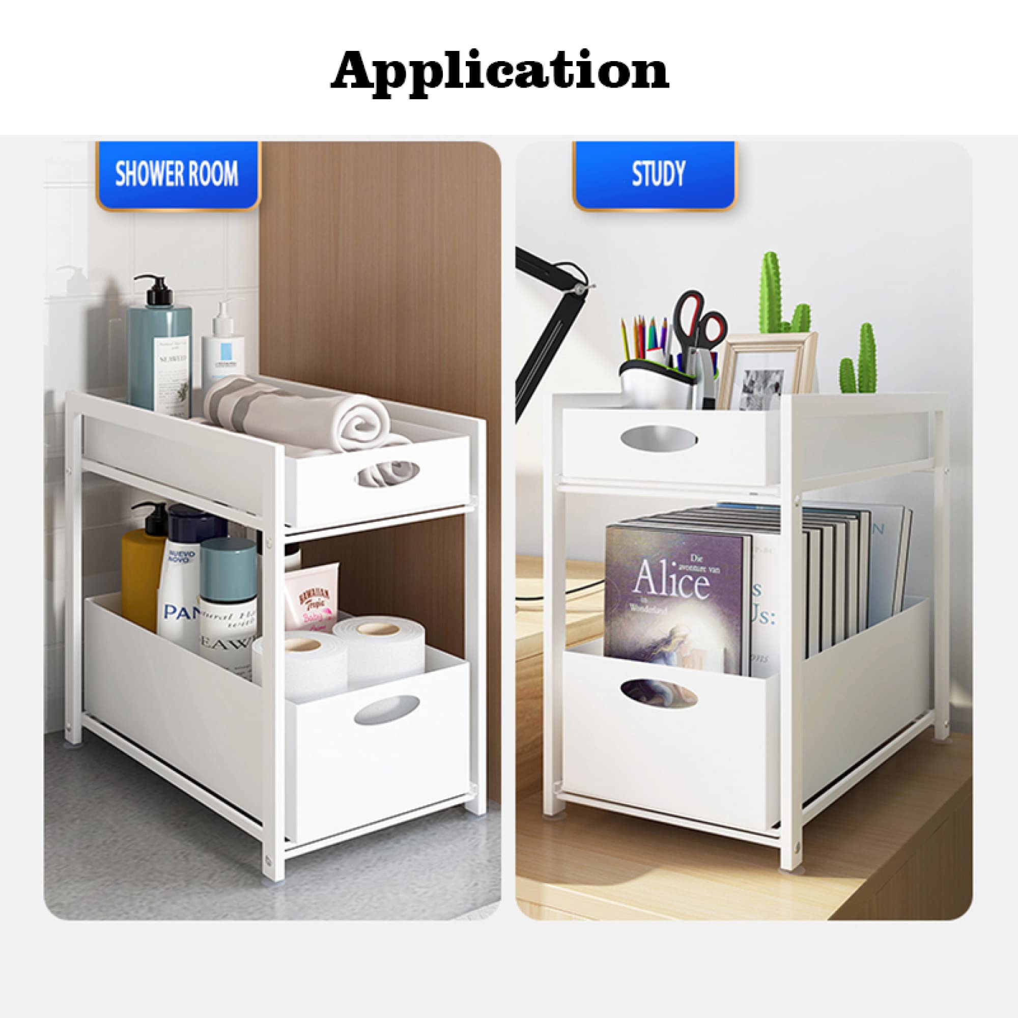 Aufbewahrungsregal unter der Spüle – 2-stufiger ausziehbarer Schrank-Organizer – rostfreier Schiebeschrank-Organizer aus Karbonstahl – für Lebensmittel, Gewürze, Küche, Badezimmer/Weiß (Schwarz)