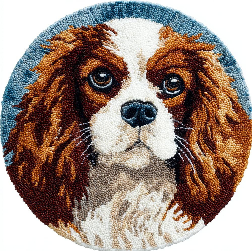 kitphoenix Latch Hook Rug Kit, DIY Latch Hook Cavalier King Charles Spaniel 20X20Inch (50X50Cm) Rug Handmade Carpet, Crochet Yarn Embroidery Needlework Hooks DIY Latchs Kit for Beginners, Home Decor