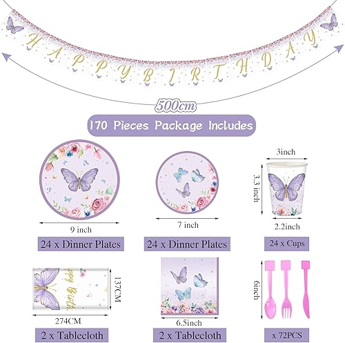 Miniatura 2 de Pajean Suministros de fiesta de cumpleaños de mariposa, juego de vajilla desechable, platos de papel, servilletas, vasos, mantel, pancarta para